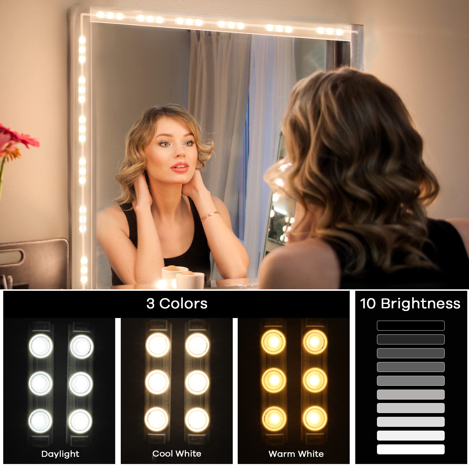 Consciot LED Vanity Lights Strip, Dimmable Makeup Lights, Adjustable Brightness, USB, Hollywood Style, White, Model CL1100176
