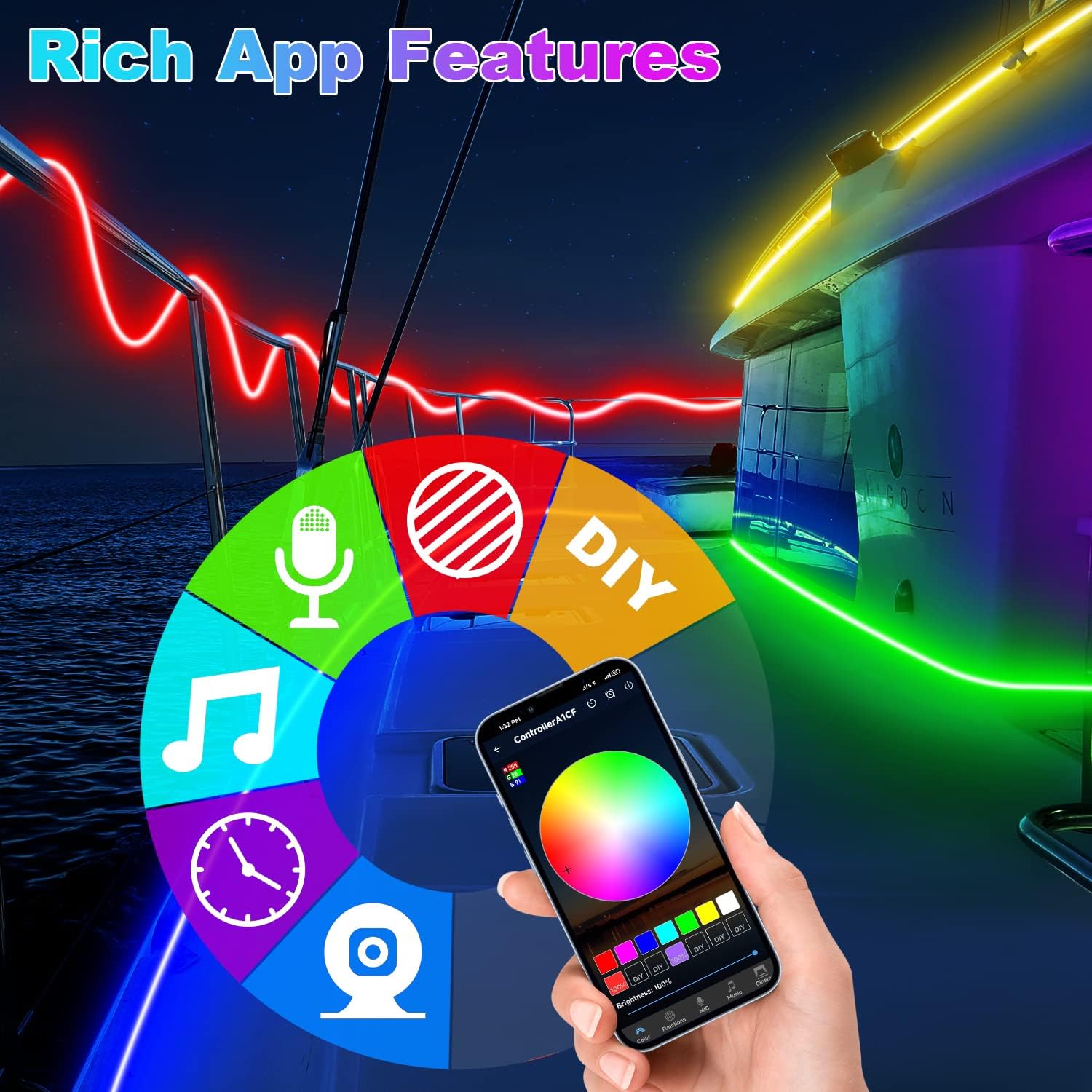 TENDIST 66FT RGB LED Boat Lights, 12V Waterproof Marine Strip Lights, IP67 App Control, Model 5050-30-RGB