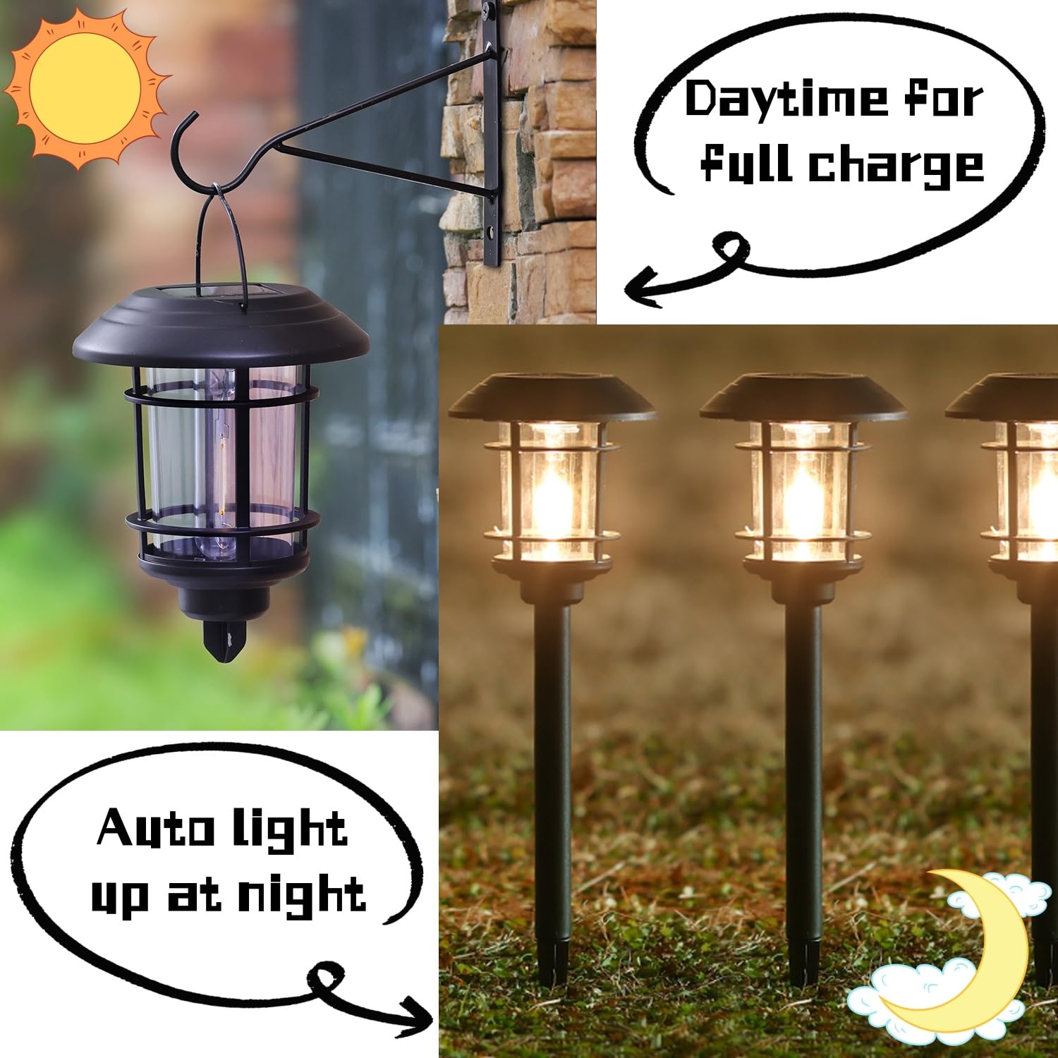 Dynaming 6 Pack Dual Use Solar Path Lights Outdoor, Hanging Lantern Solar Garden Lights With Edison Bulb, Landscape Lighting, Wa