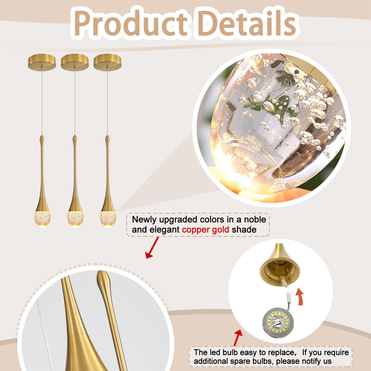 Ykolupty Single Head Gold Bubble Crystal Chandelier Modern Led Pendant Lights For Kitchen Island Dimmable 3000-6000K(3 Independe