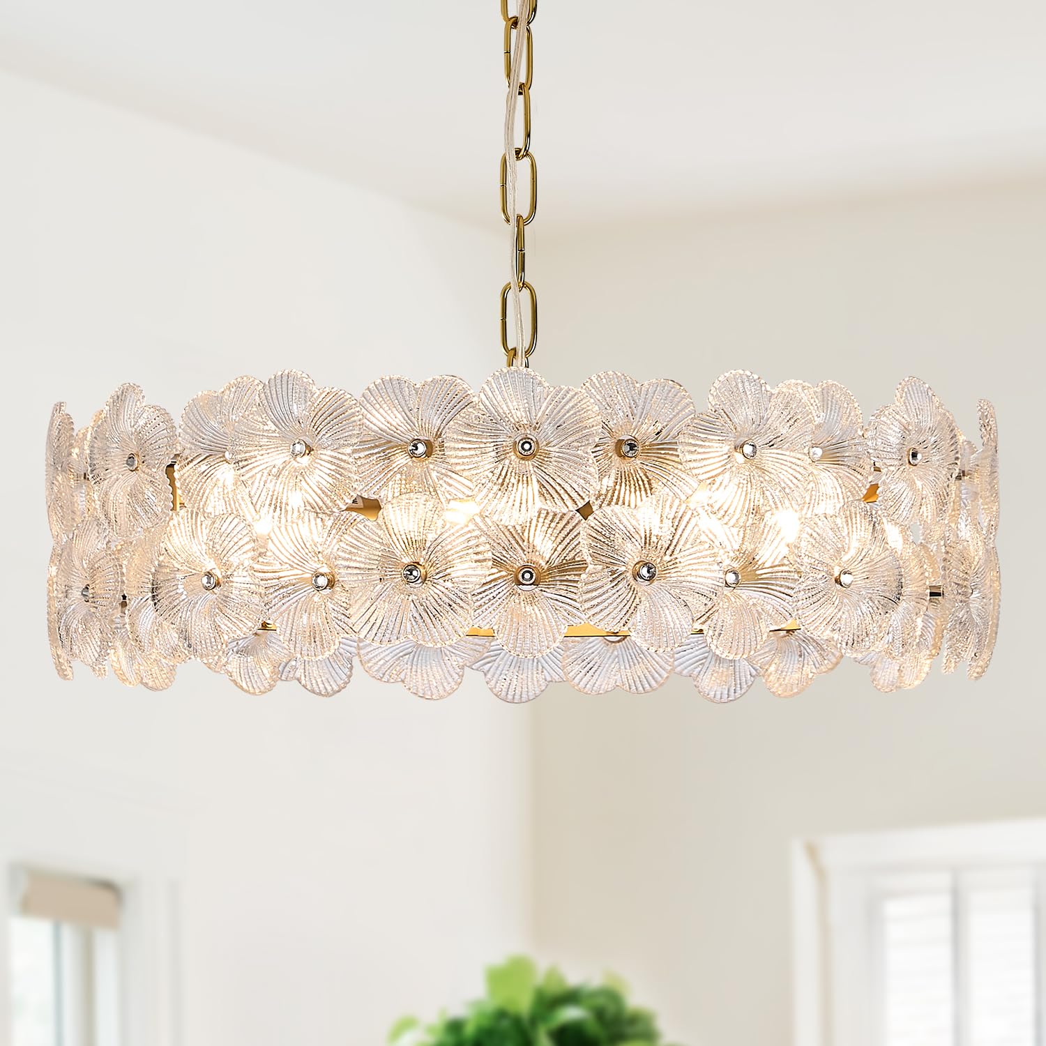 Poemoon Modern Clear Flower Glass Chandelier 20 Elegant 6 Lights Gold Chandelier Light Fixture Elegant for Living Dining Room Kitchen Entryway Bedroom Foyer  E12