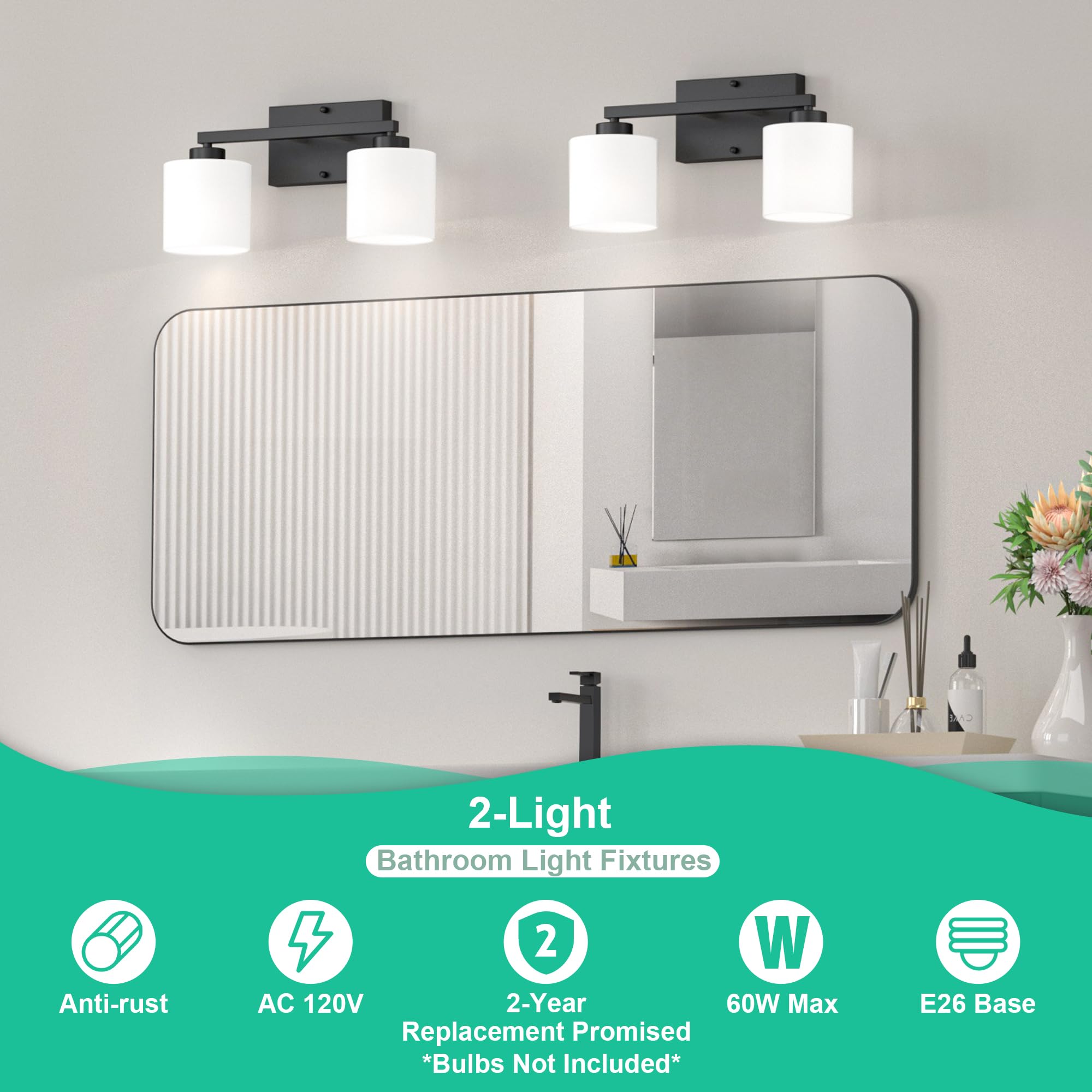 Honesorn 2-Light Black Vanity Light, Modern Bathroom Lighting with Frosted Glass Shade, Anti-Rust, Wall Mounted, Model TK-JQD-MS-B-2