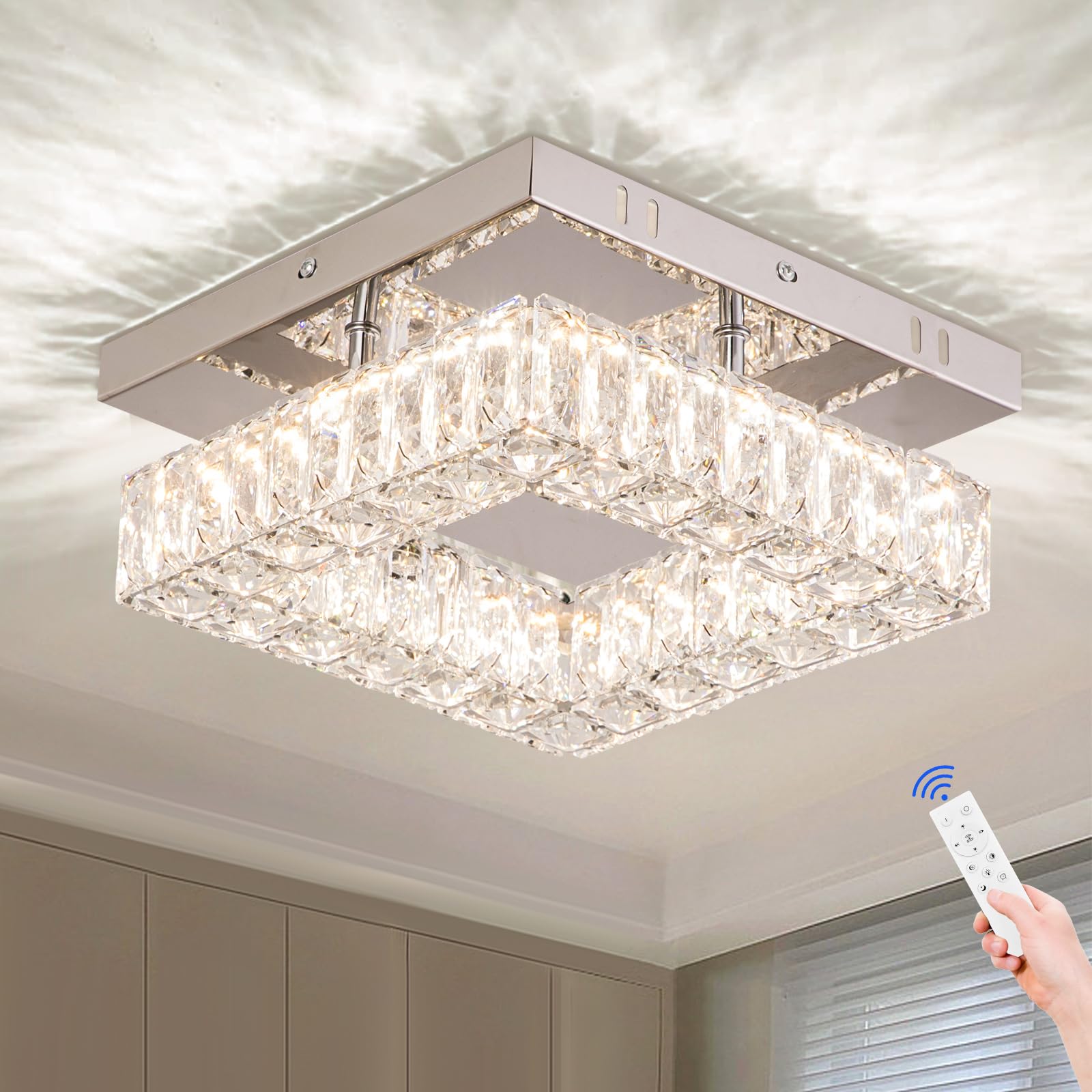 YPQXYHDA Dimmable Crystal Chandelier LED Ceiling Light with Remote Flush Mount Small Chandelier for Hallway Foyer Kitchen Stair 