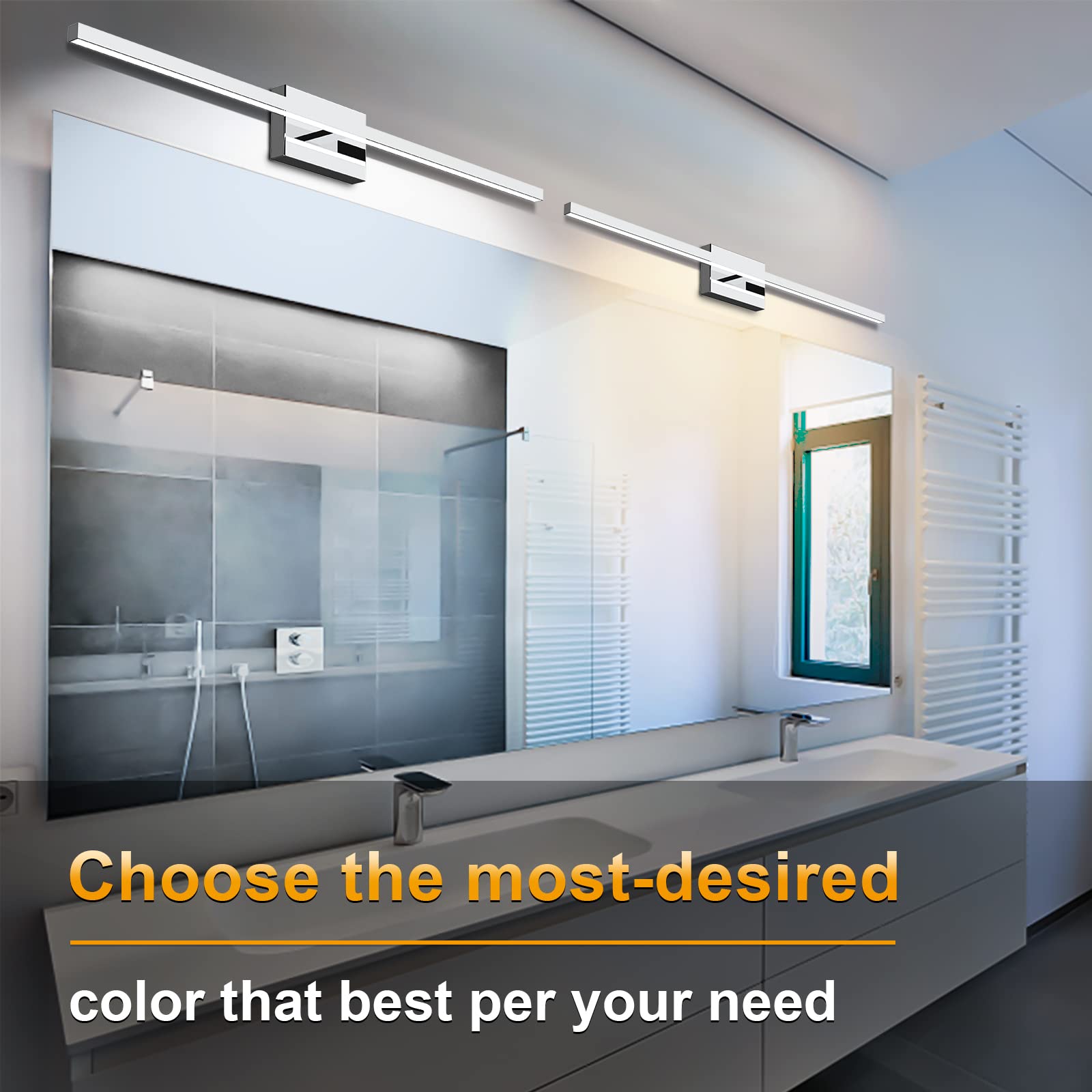 NIORSUN 48 inch Chrome Bathroom Vanity Light, Dimmable LED, Aluminum, Model V02, Silver