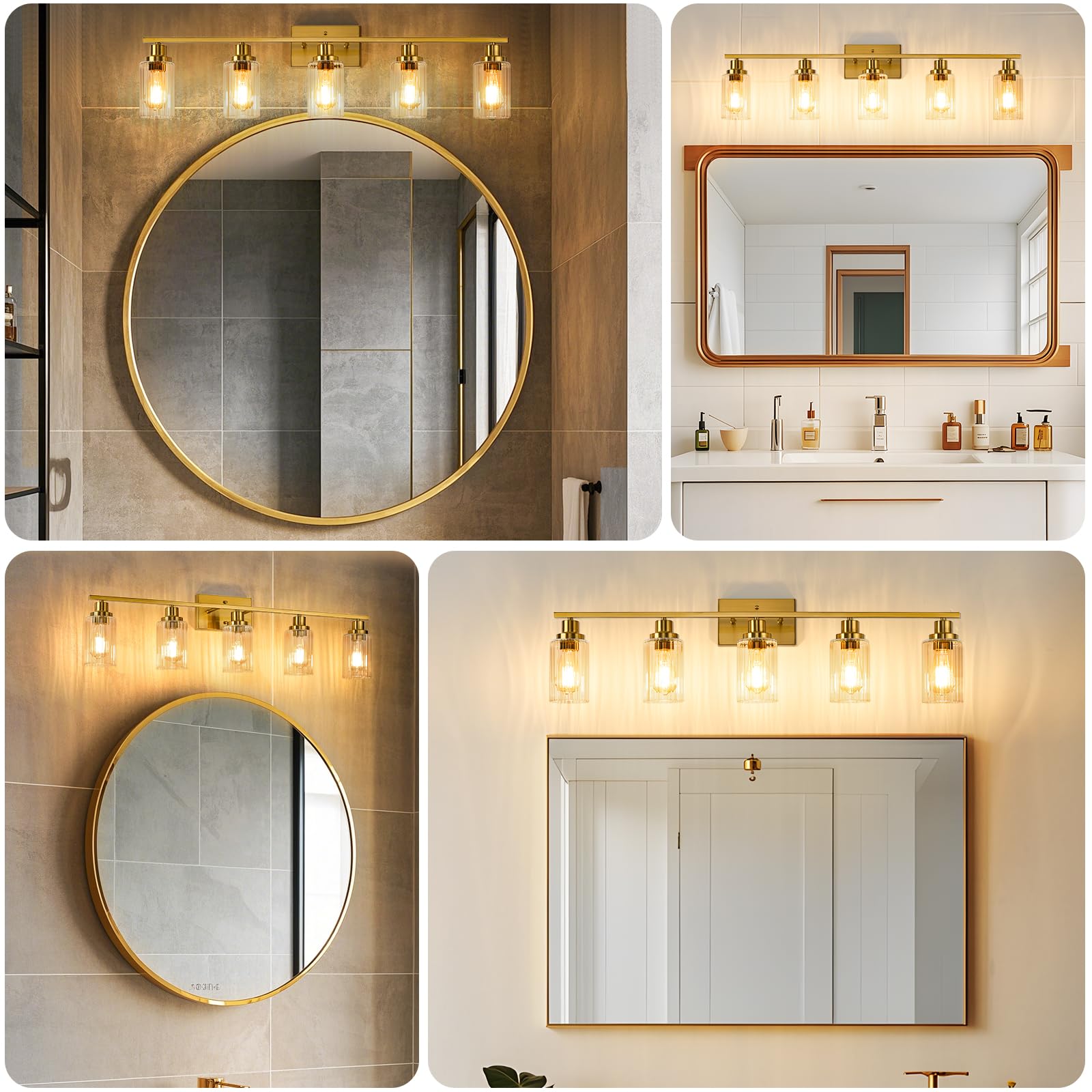 Jonsi 5-Light Brushed Gold Bathroom Vanity Light Fixture with Glass Shade, 40.2 Inch, E26 Wall Sconces for Bathroom and Hallway
