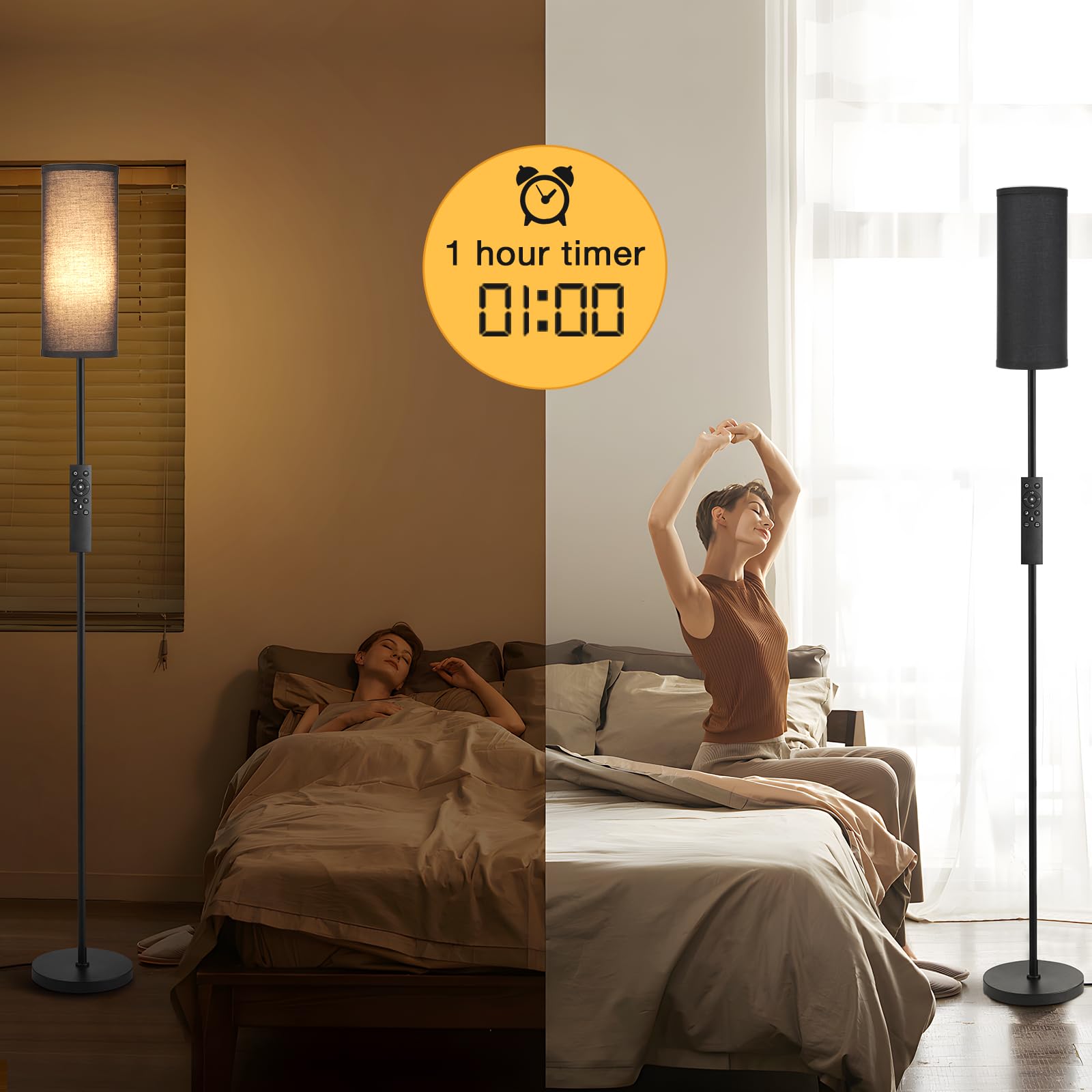 Ambimall 64'' Floor Lamps For Living Room With Remote Control And Stepless Dimmable Colors Temperature & Brightness, 9W Bulb Included(Black Lampshade & Black Pole)