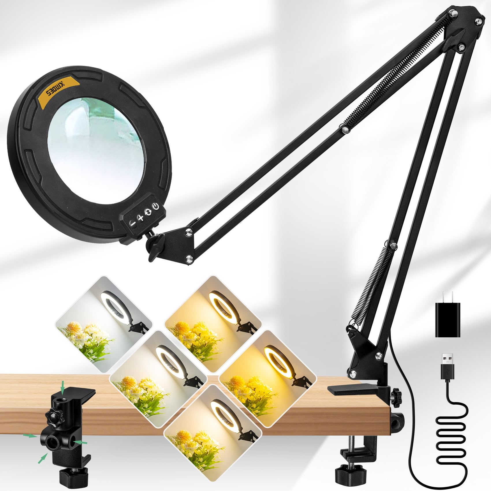 Kmdes 12X Long Arm Magnifying Glass With Light, 5 Color And Brightness Led Desk Lamp With Large Clamp, Hands Free Magnifier Ligh