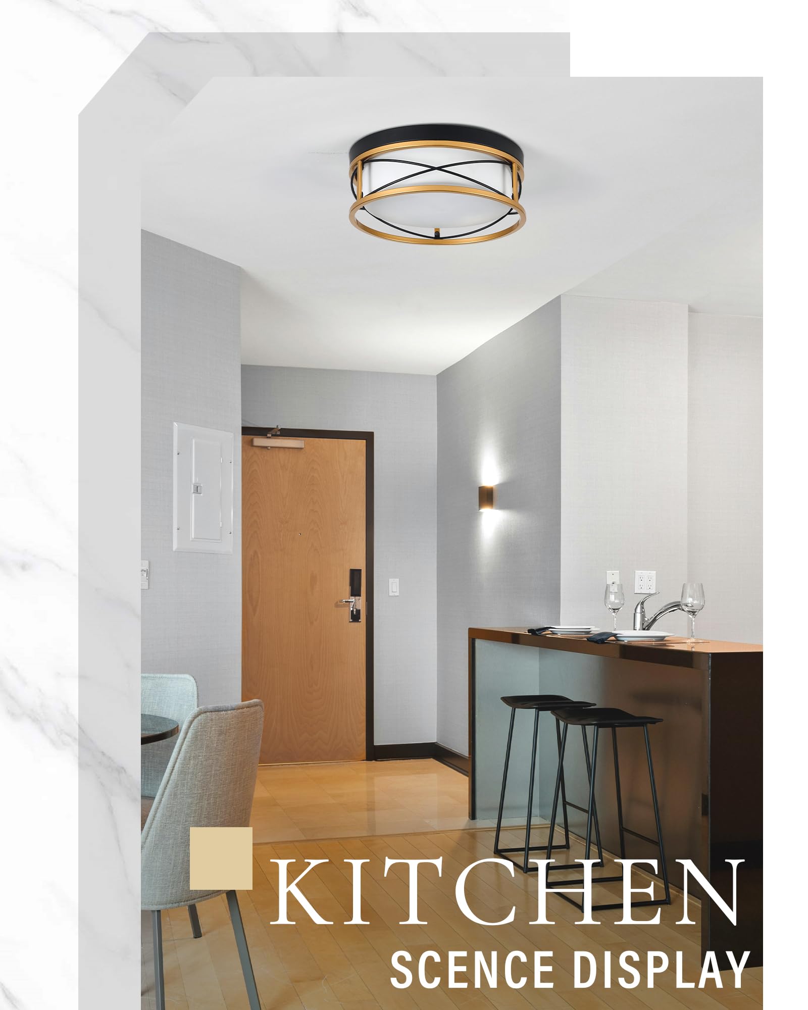 Hanass 12&quot; Flush Mount Ceiling Light, 24W Led, 1900 Lumen, Gold Frosted Glass, 5