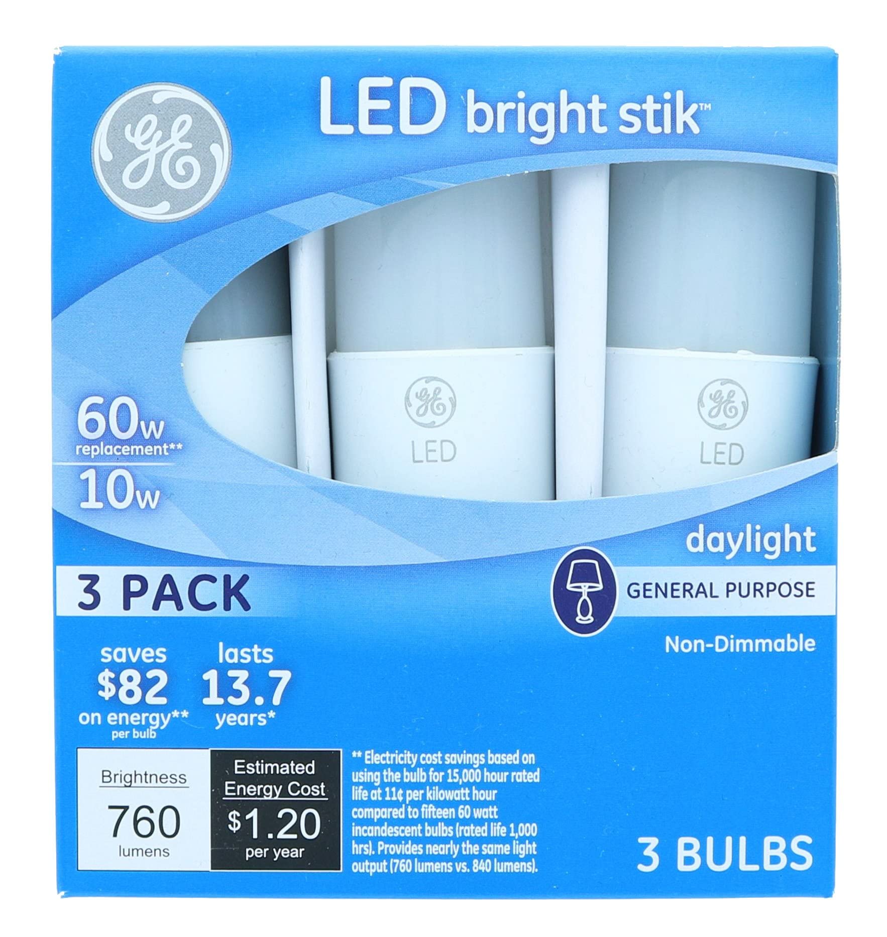 GE LED Bright Stik 10W Light Bulb, 760 Lumen, Daylight, Medium Base, 3 Count, Model 32287
