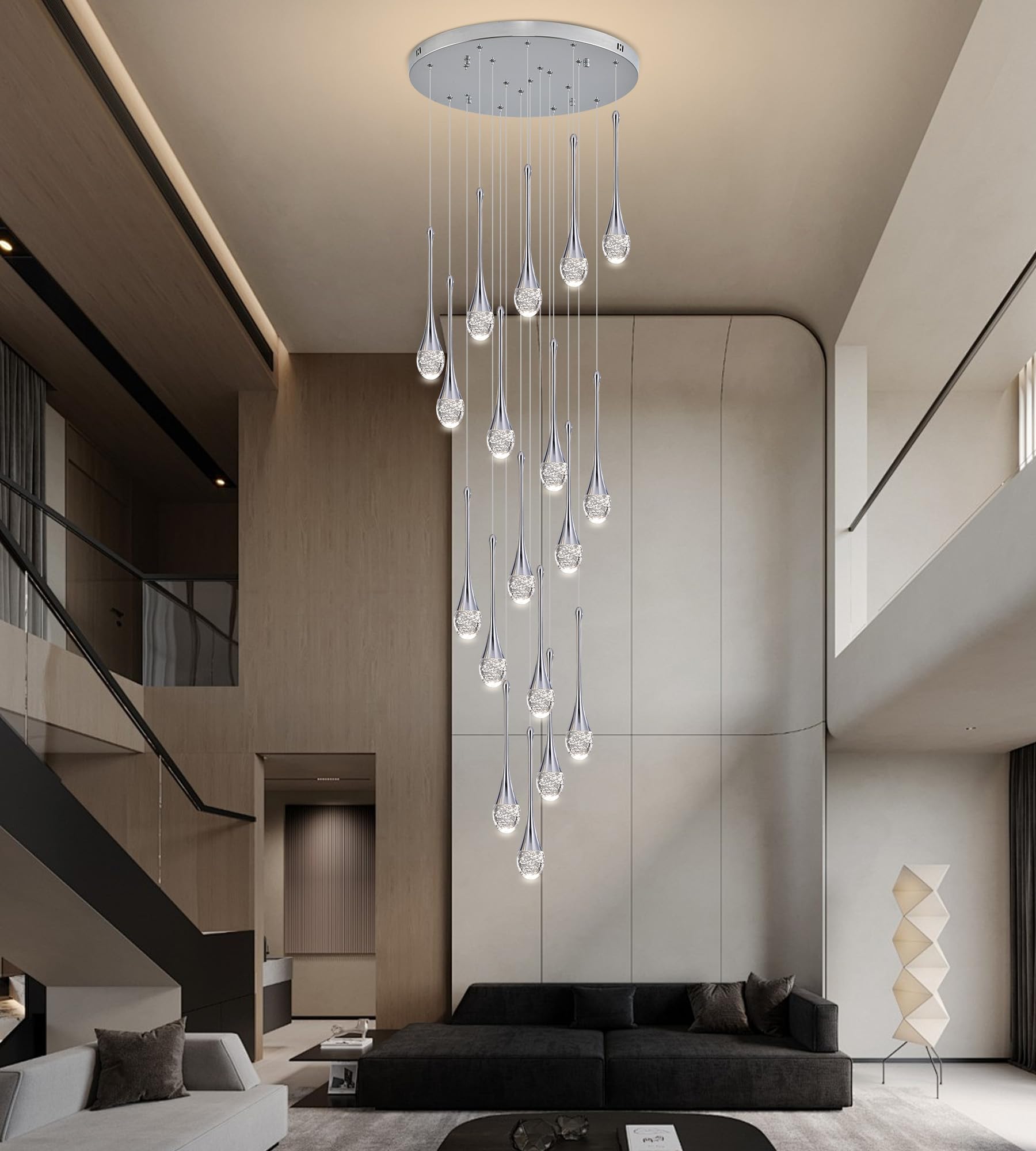 Upfelw Modern Crystal Staircase Chandelier Polished Chrome 18-Lights  H118 Large High Ceiling Spiral Dimmable Led Raindrop Foyer Entryway Light Fixture Remote Control