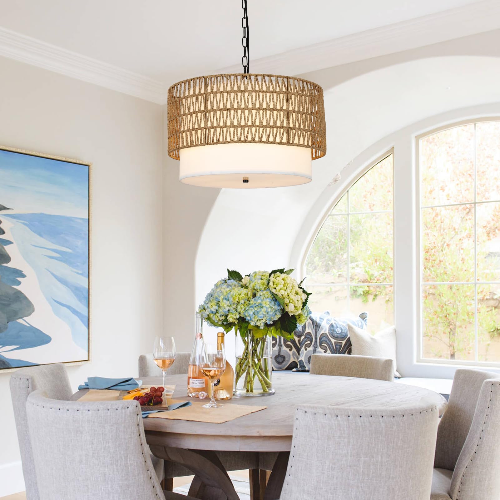 PAUFUL 5-Light Rattan Boho Chandelier - Hand Woven Fabric Shade, Rustic Dining Room Light Fixture for Kitchen, Bedroom, Hallway