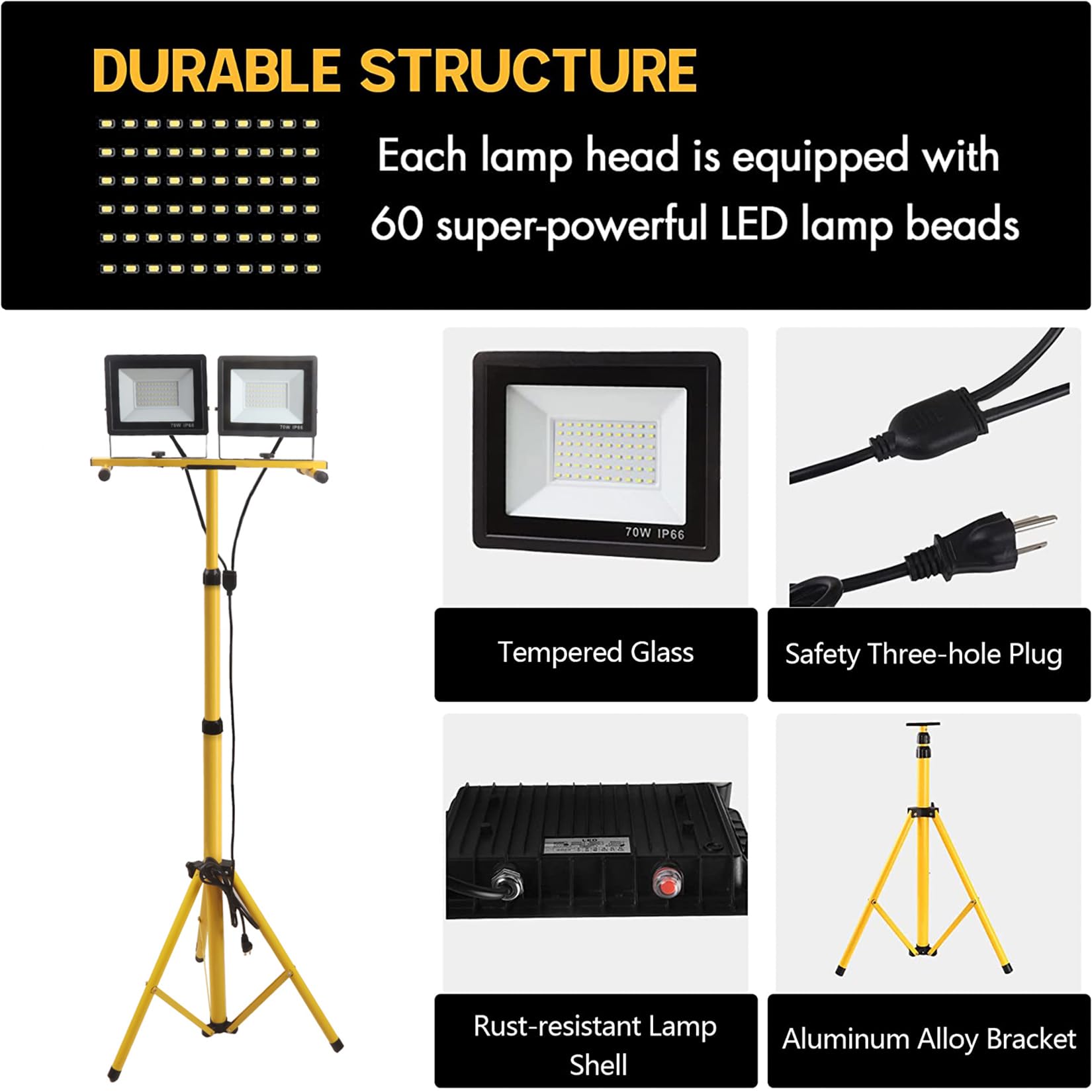 GUWELL 21000 Lumen LED Work Light with Adjustable Tripod Stand, Waterproof, Yellow, Model 23-WL-01, 2 Adjustable Heads