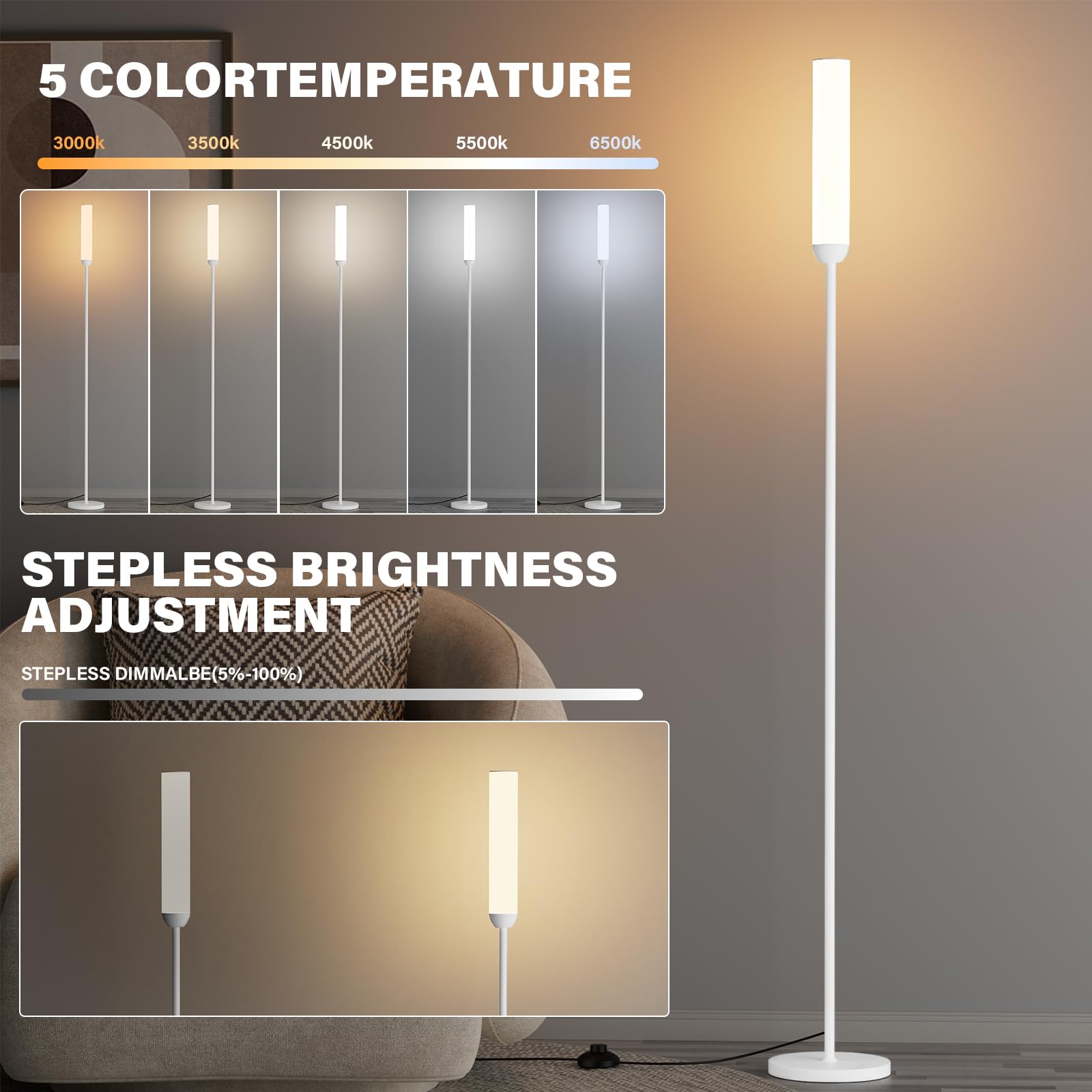 Led Floor Lamp With Remote Control, 65'' Standing Lamp With Stepless Adjustable 3000K-6500K Colors & 5%-100% Brightness, Foot Sw