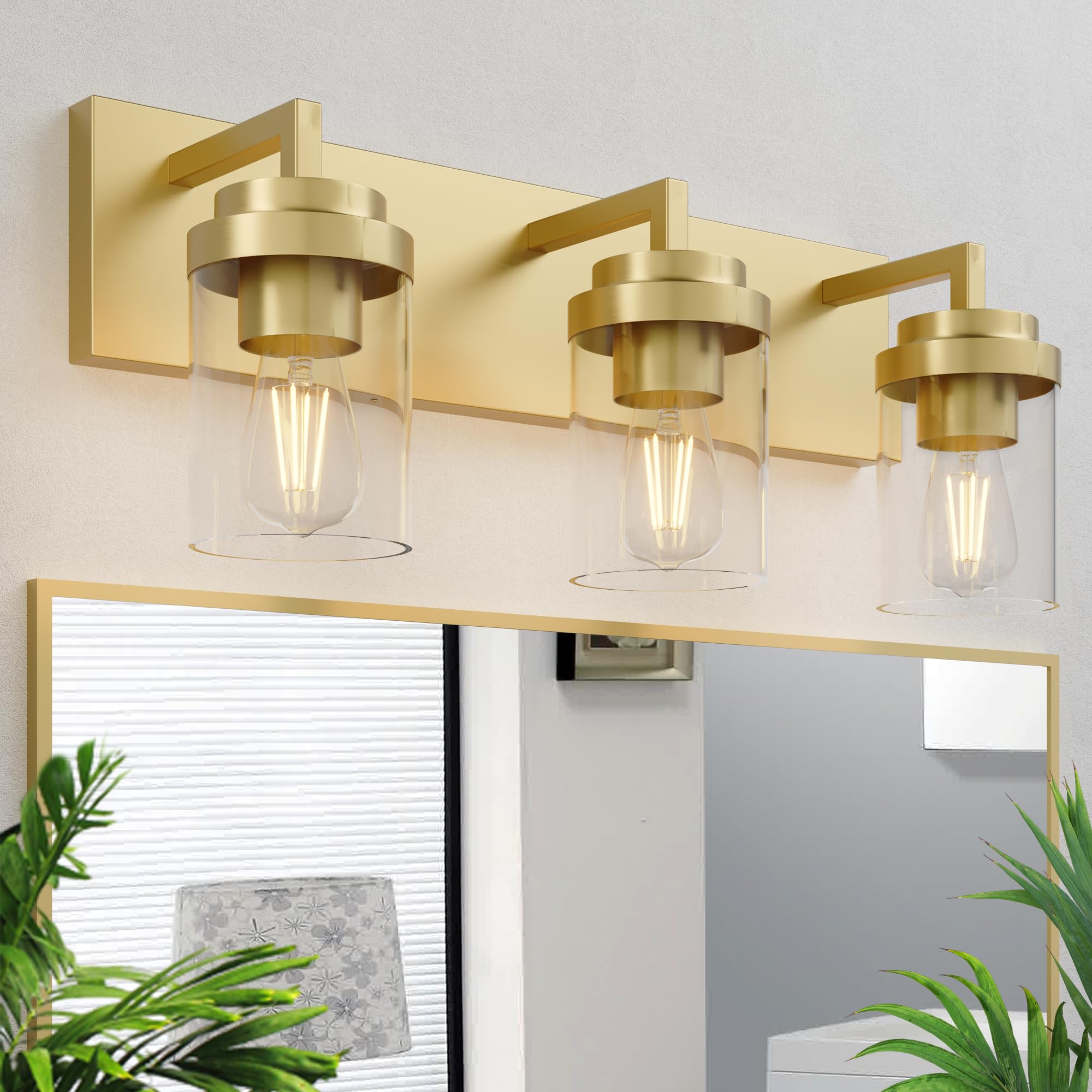 Espird 3-Light Bathroom Vanity Lighting Fixtures, Brass with Glass Shades, Model L08-3-TONG