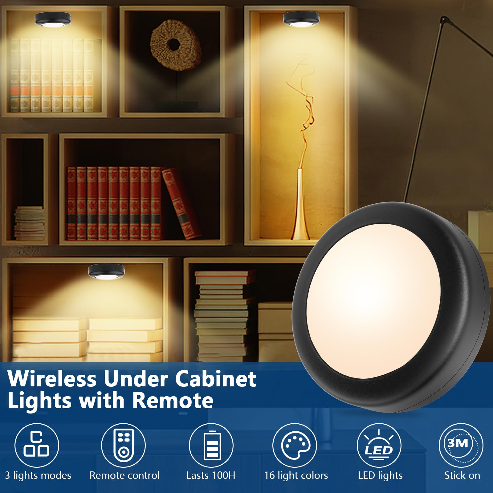 Yiliaw LED Puck Lights 3 Pack with Remote Control, 16 Color Options, Dimmer & Timer, Battery Operated, Black