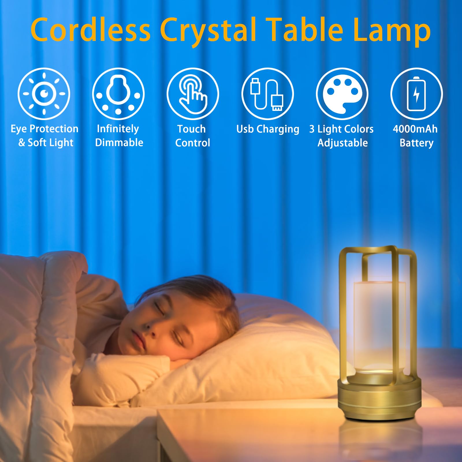 Cordless Rechargeable Table Lamps, Portable Lumisom Crystal Small Lantern Lamp With Touch Control & 3 Color Dimmable, 4000Mah Ba