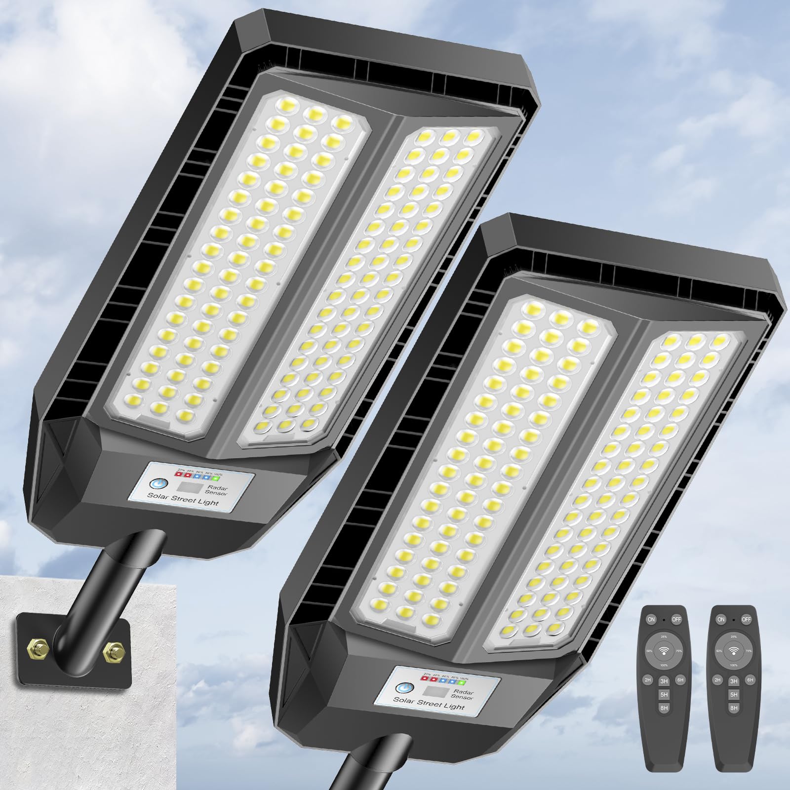 Adewalk Solar Street Lights, 5000W, 7000K LED, Motion Sensor, Remote Control, IP66 Waterproof, 2 Pack, Black, Model TW104