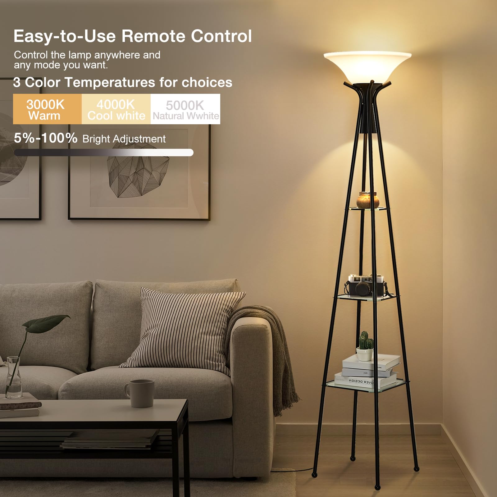 Floor Lamp With Shelves, 69    Tall Shelf Lamp With Remote Control, 3-Tier Glass Shelf Lamp, Dimmable Industrial Floor Lamps For