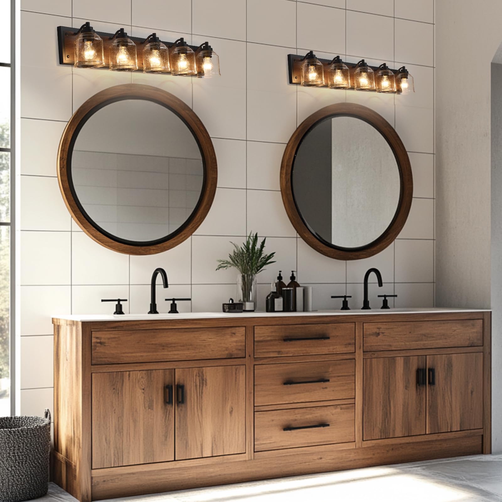 YKLITG 40in Farmhouse Bathroom Vanity Light, 5-Light Brown Metal Sconce with Bubble Glass Shades, Model BD005-5-DW