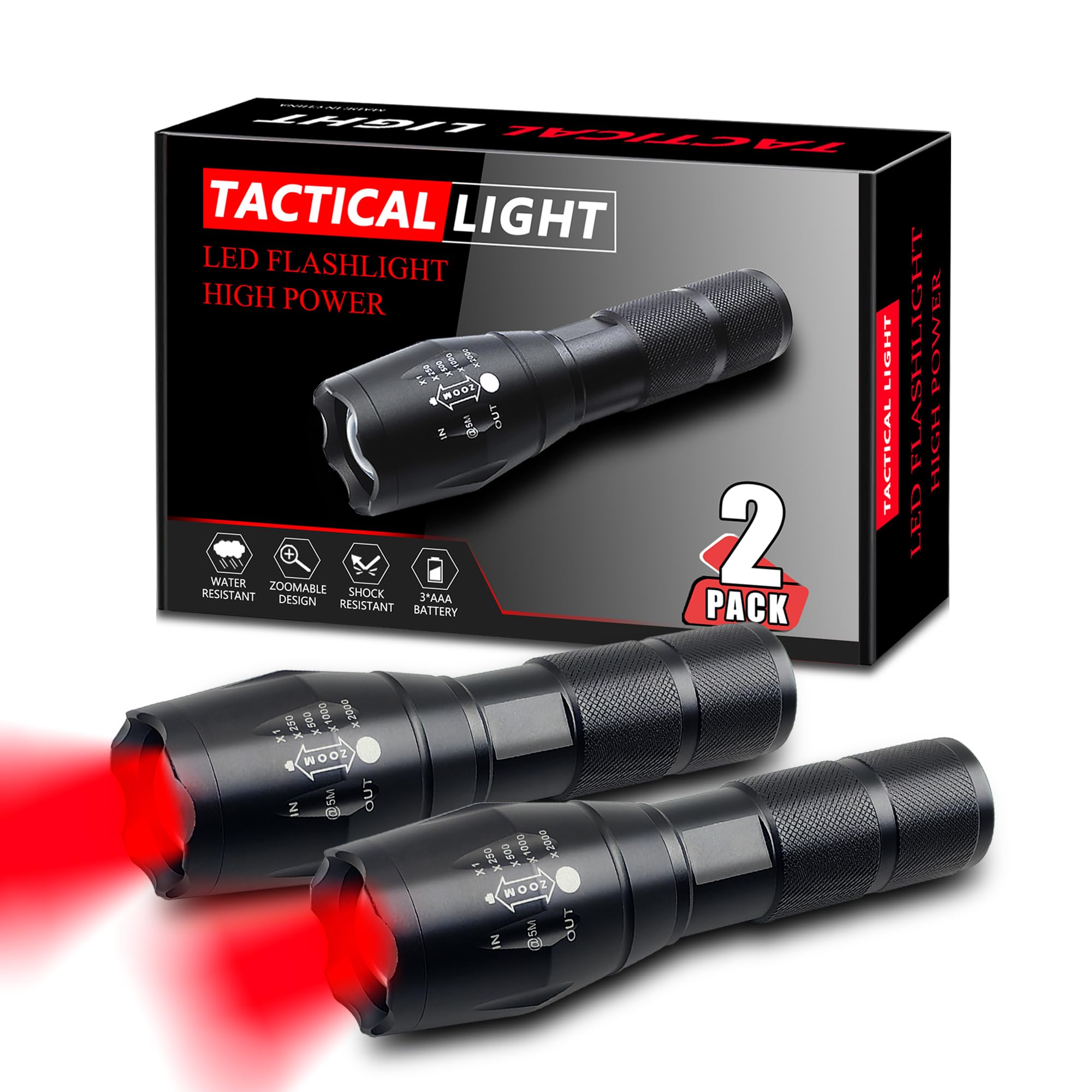 XINFEIBEI Low-Lumen Red Flashlight LED Single Mode Zoomable Red Light Flashlights for Astronomy, Reading, Night Vision, 2-Pack
