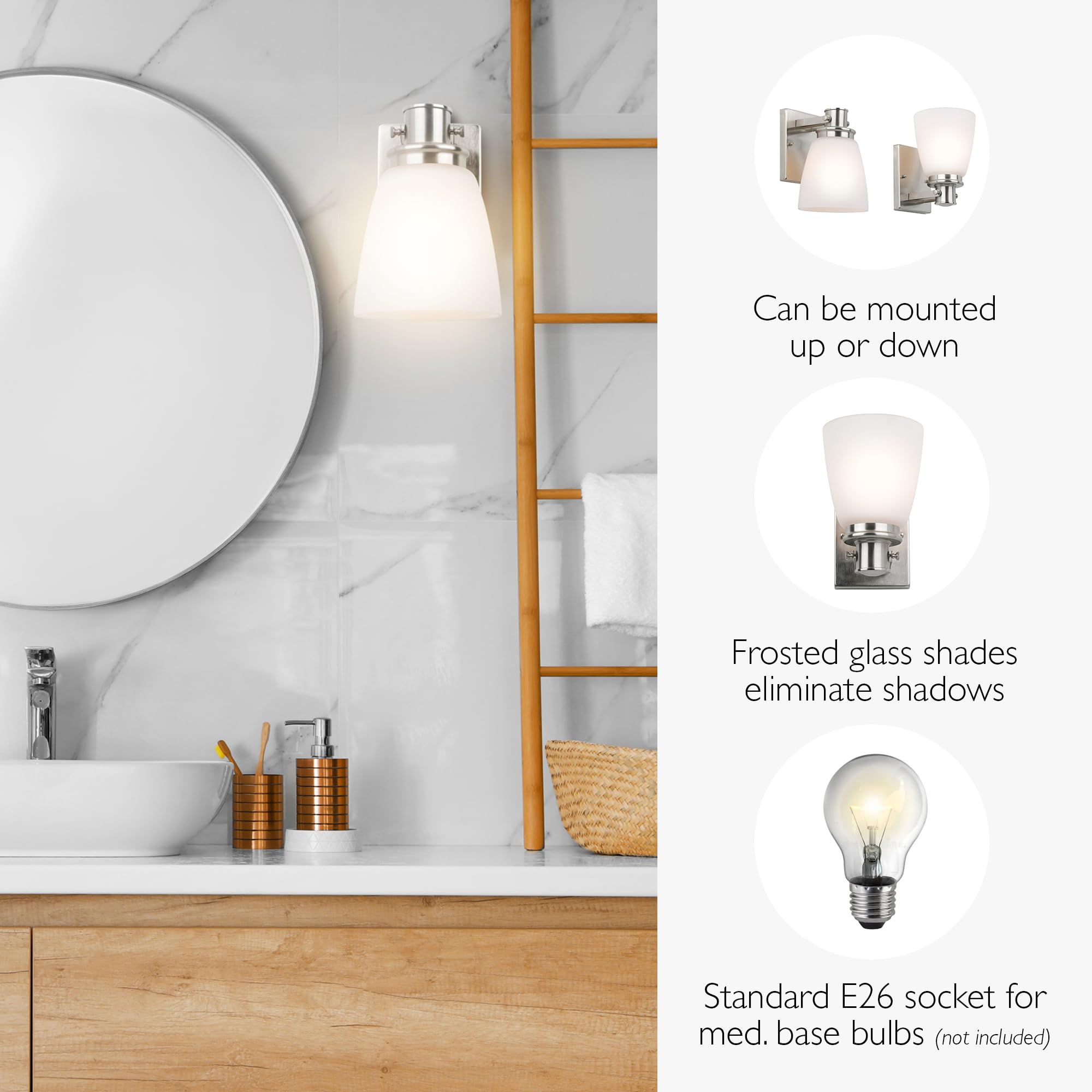 Design House Atkinson Wall Sconce, 1-Light, Frosted White Glass Shade, Dimmable, Up/Down Mountable, E26 Socket, Satin Nickel, 6.