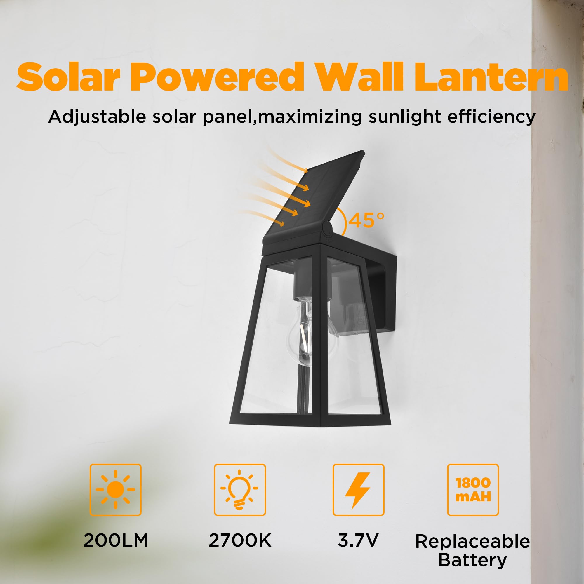 LUTEC Solar Porch Light 2 Pack - Wireless Dusk to Dawn Black Wall Sconce with Adjustable Panel, Waterproof Exterior Lighting