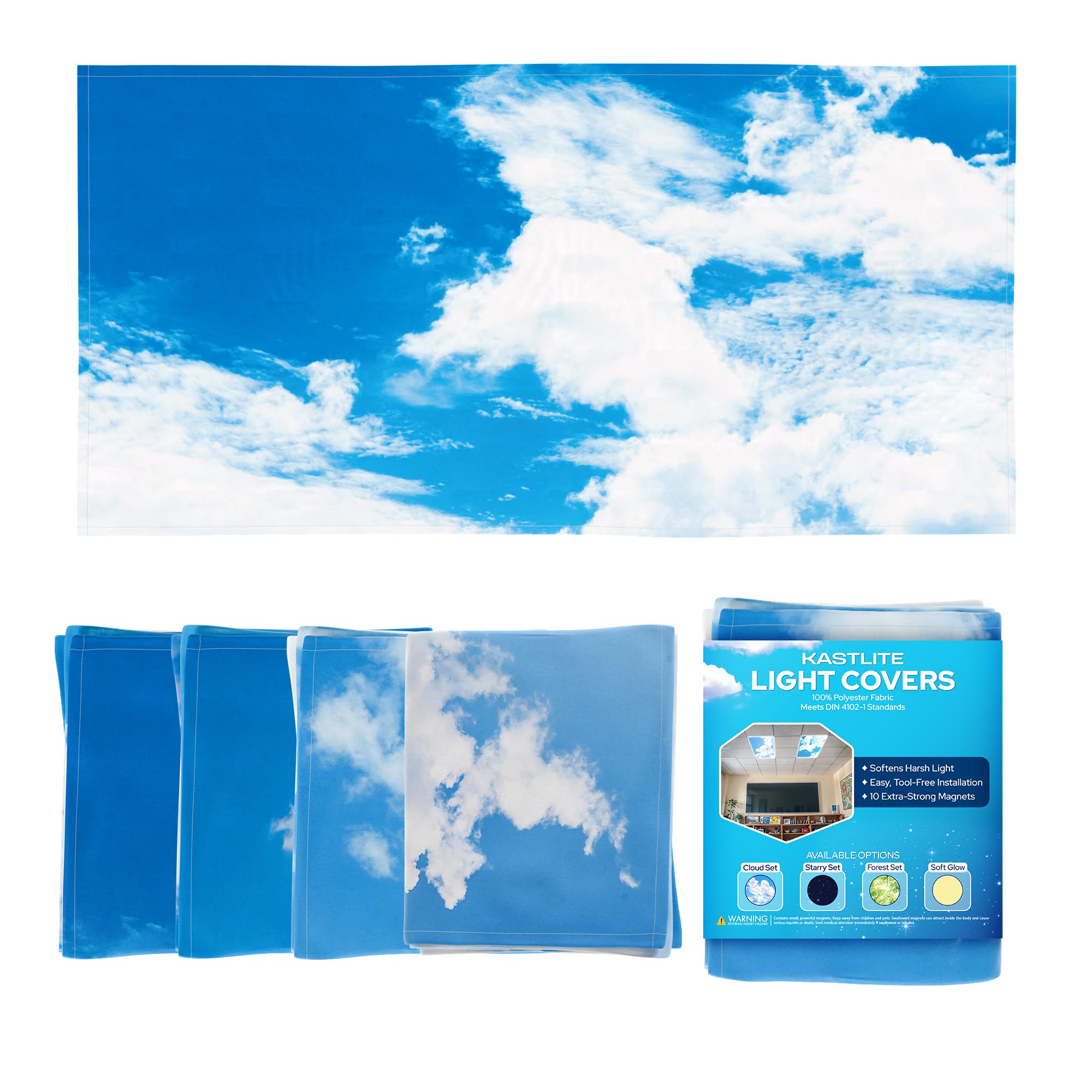 KASTLITE 4-Pack Cloud Fluorescent Light Covers for Ceiling Lights Classroom - 2x4 ft Magnetic Sky Covers - Decorative Office Lighting Diffuser Panels  Calming Artificial Skylight  Teacher Decor