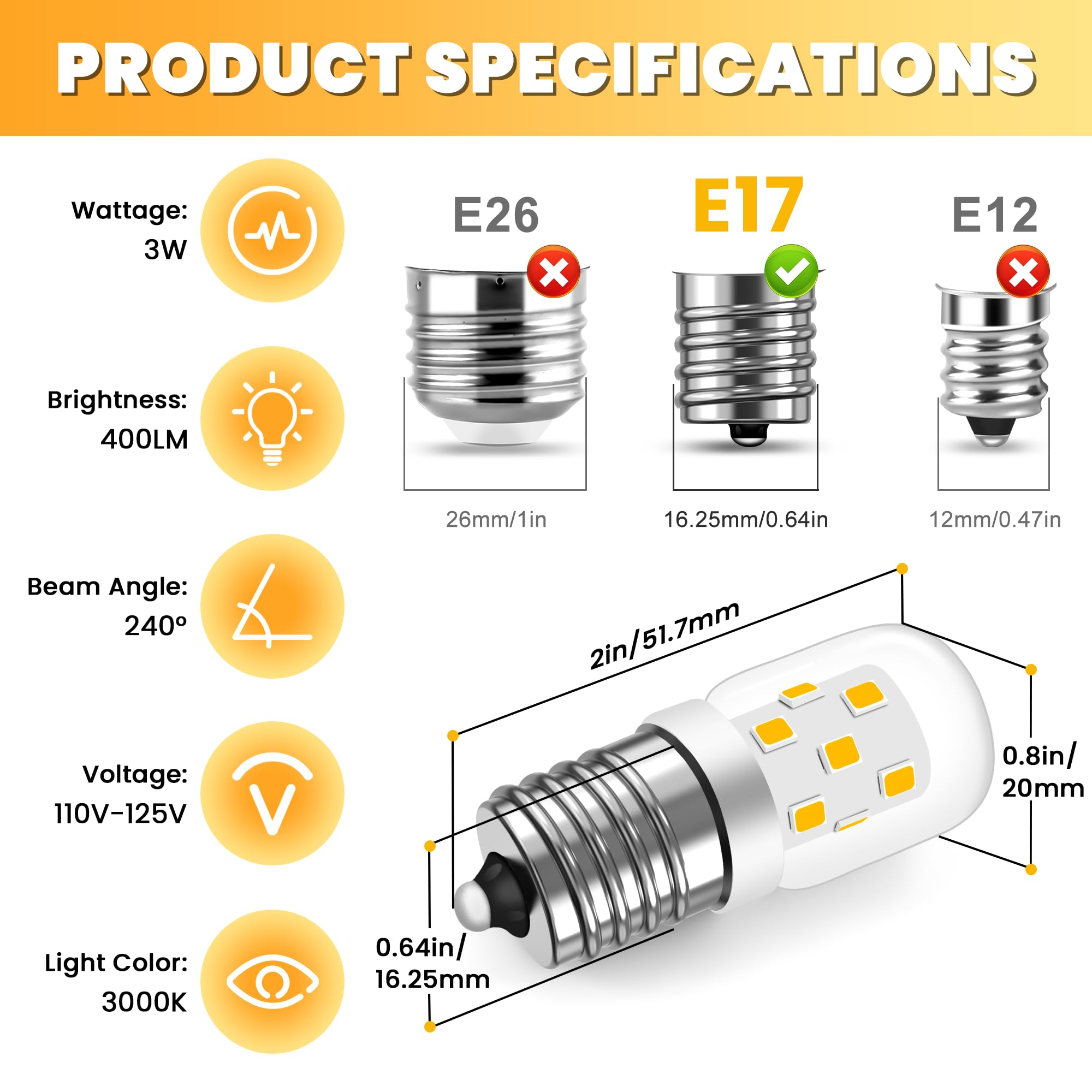 AMI PARTS E17 LED Light Bulb 3W 380LM 3000K Daylight Warm - 2 Pack, Yellow, Non-dimming for Microwaves & Refrigerators