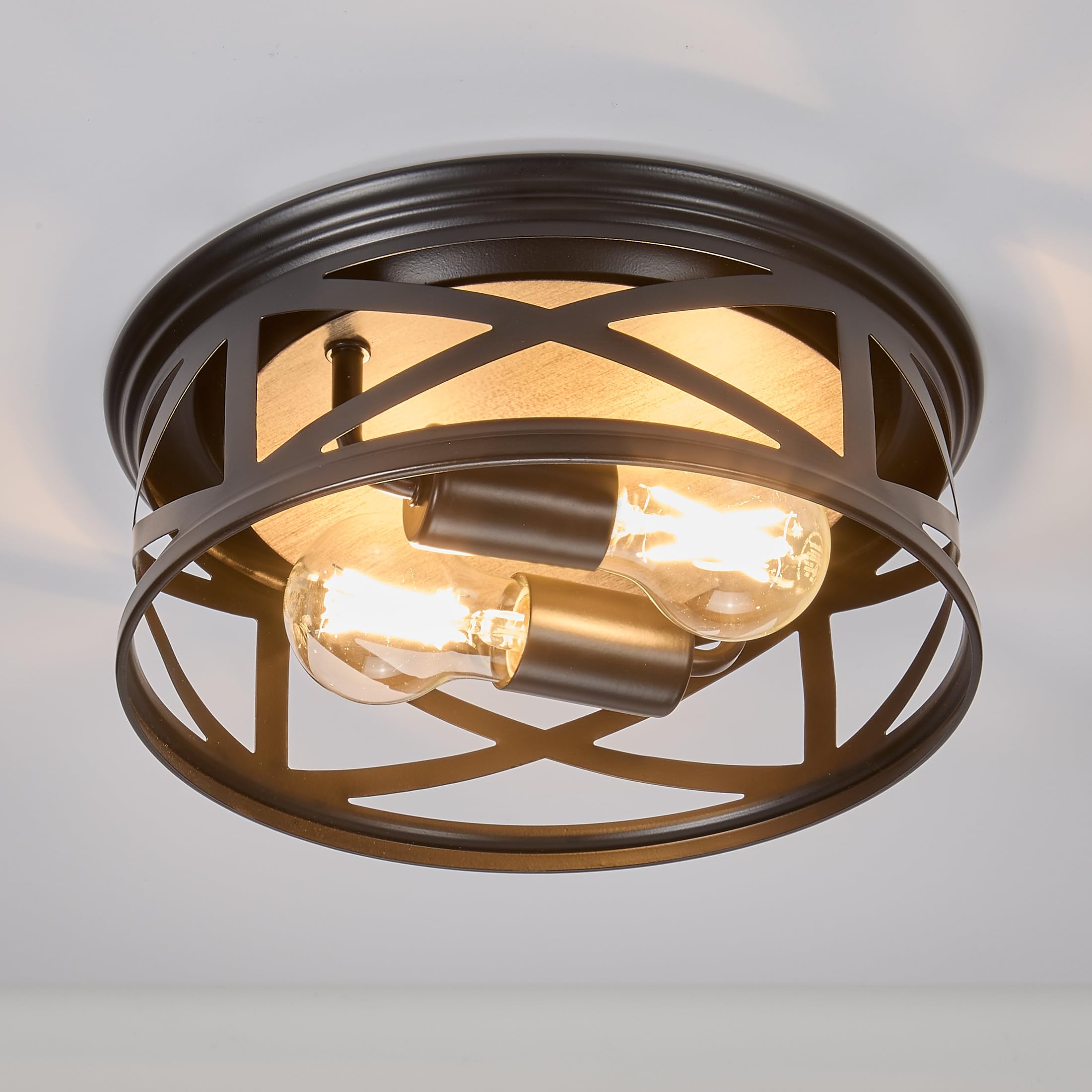Maxxima Indoor/Outdoor Flush Mount Ceiling Light Fixture, 2-Light Round Farmhouse Close To Ceiling Entryway Light, Black W/Wood