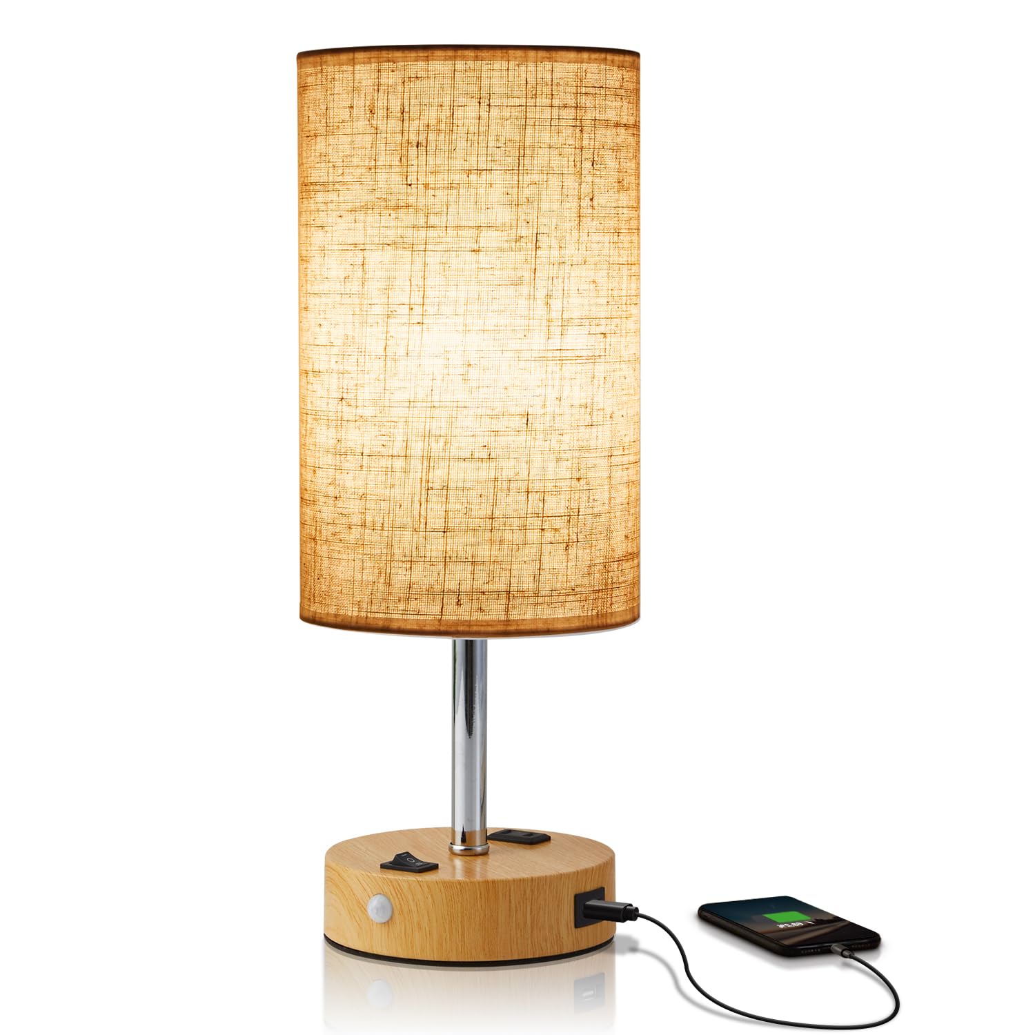 lifeholder Motion Sensor Lamp with USB Ports & AC Outlet, Fabric Shade, Beige, Model LH-T39-MWYM