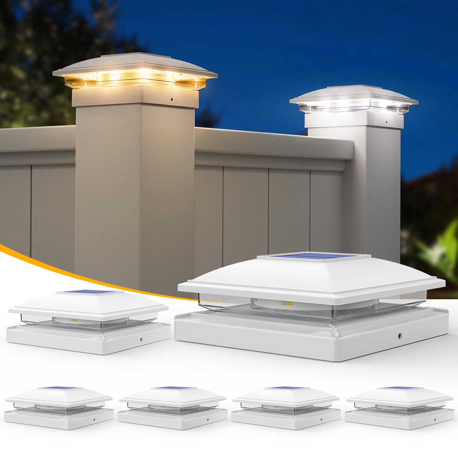 APONUO Solar Post Cap Lights, 6 Pack 2-Modes Bright 5x5 Vinyl Fence Post Caps Solar Lights Outdoor Waterproof Garden Patio Deck 