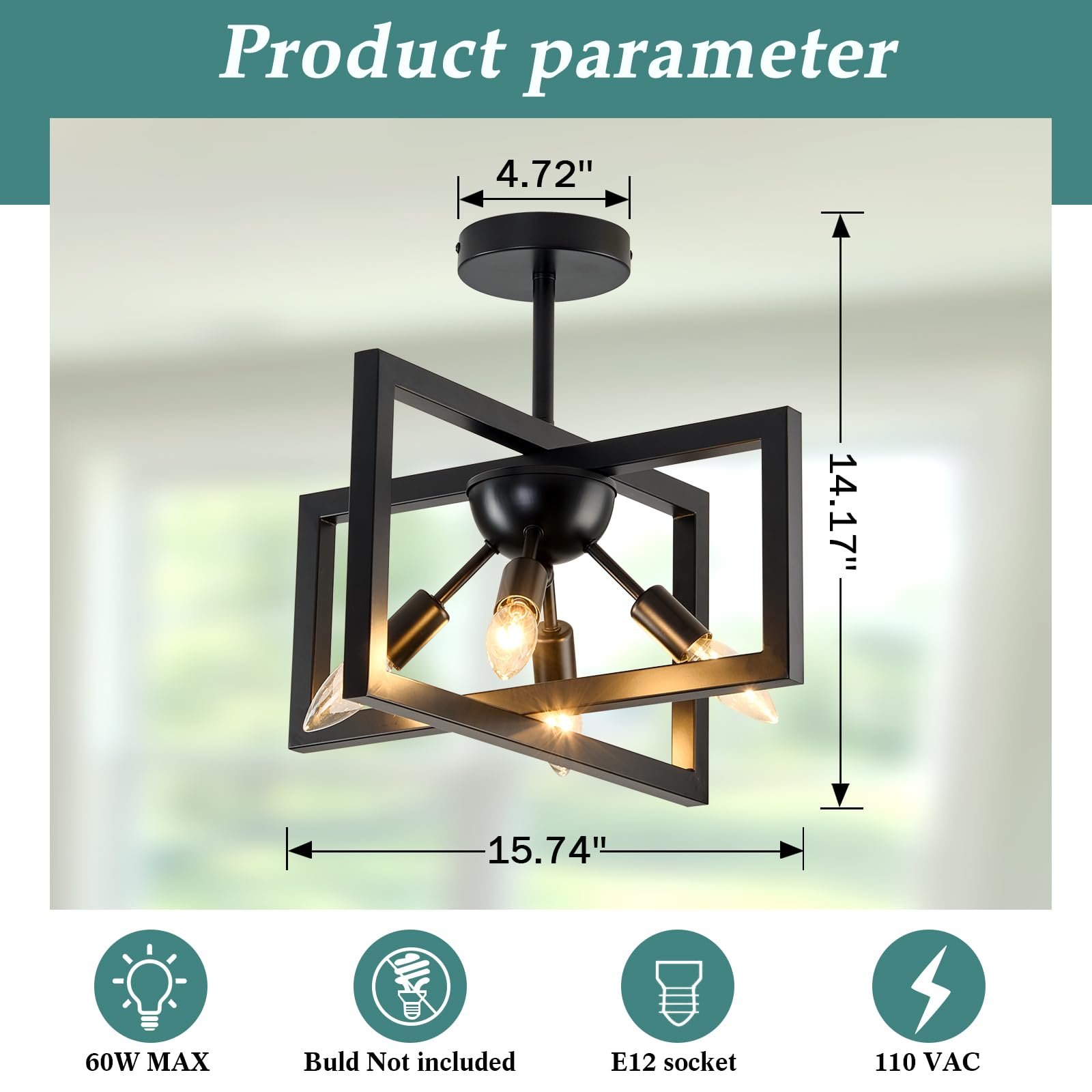 ZGLAOJT 4-Lights Ceiling Light Fixture Modern Iron Semi Flush Mount Chandelier F-1438 for Bedroom Kitchen Living Room Black