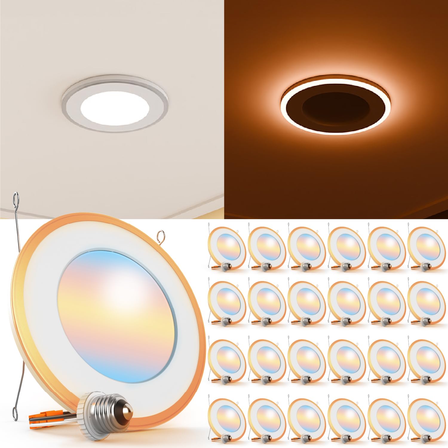 Sunco 24 Pack 6 Inch LED Recessed Light, Can Lights for Ceiling, Flat with Nightlight, 1200 Lumens, Selectable CCT 2700K/3000K/4