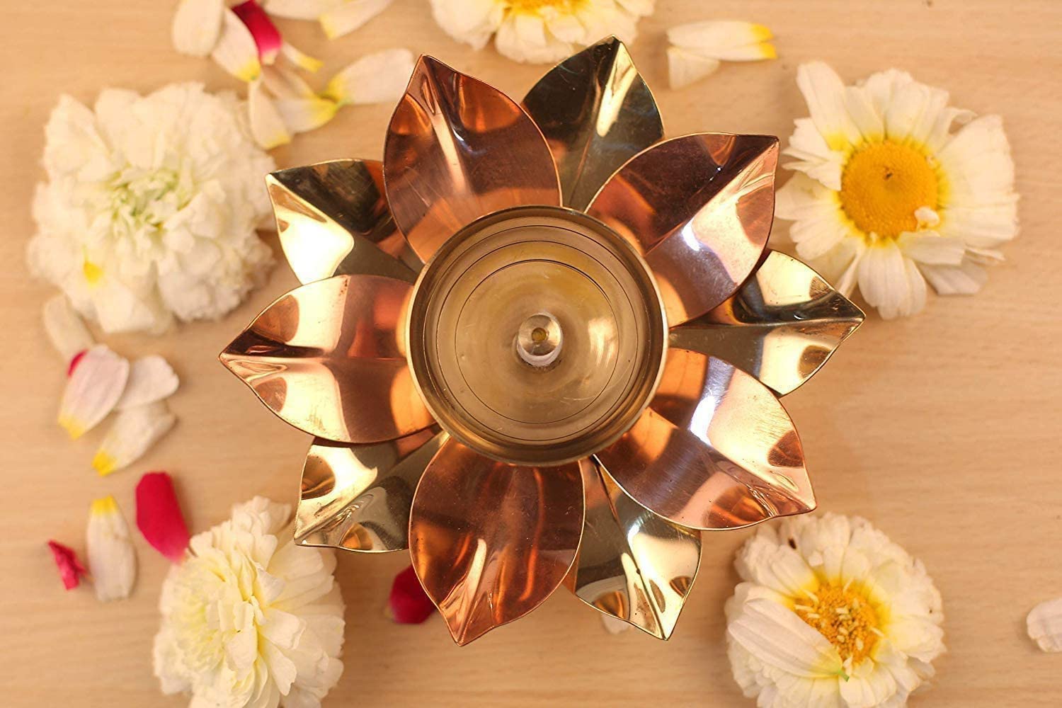 Craftsman Brass Copper Diya Set - 6 Pc Lotus Flower Petals for Diwali Home Temple Decoration, Model LD