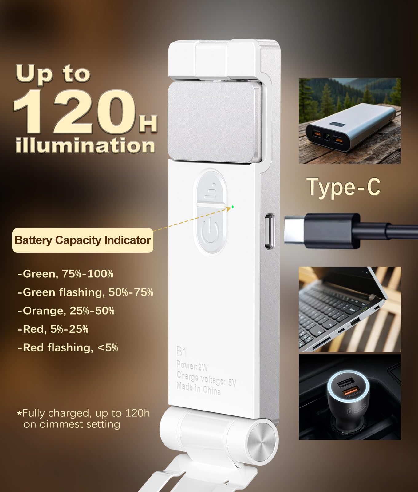 VTIGER USB Rechargeable Book Light, Foldable Clip-on LED, 3 Amber Colors, 4 Brightness Levels, Silver, Model B1
