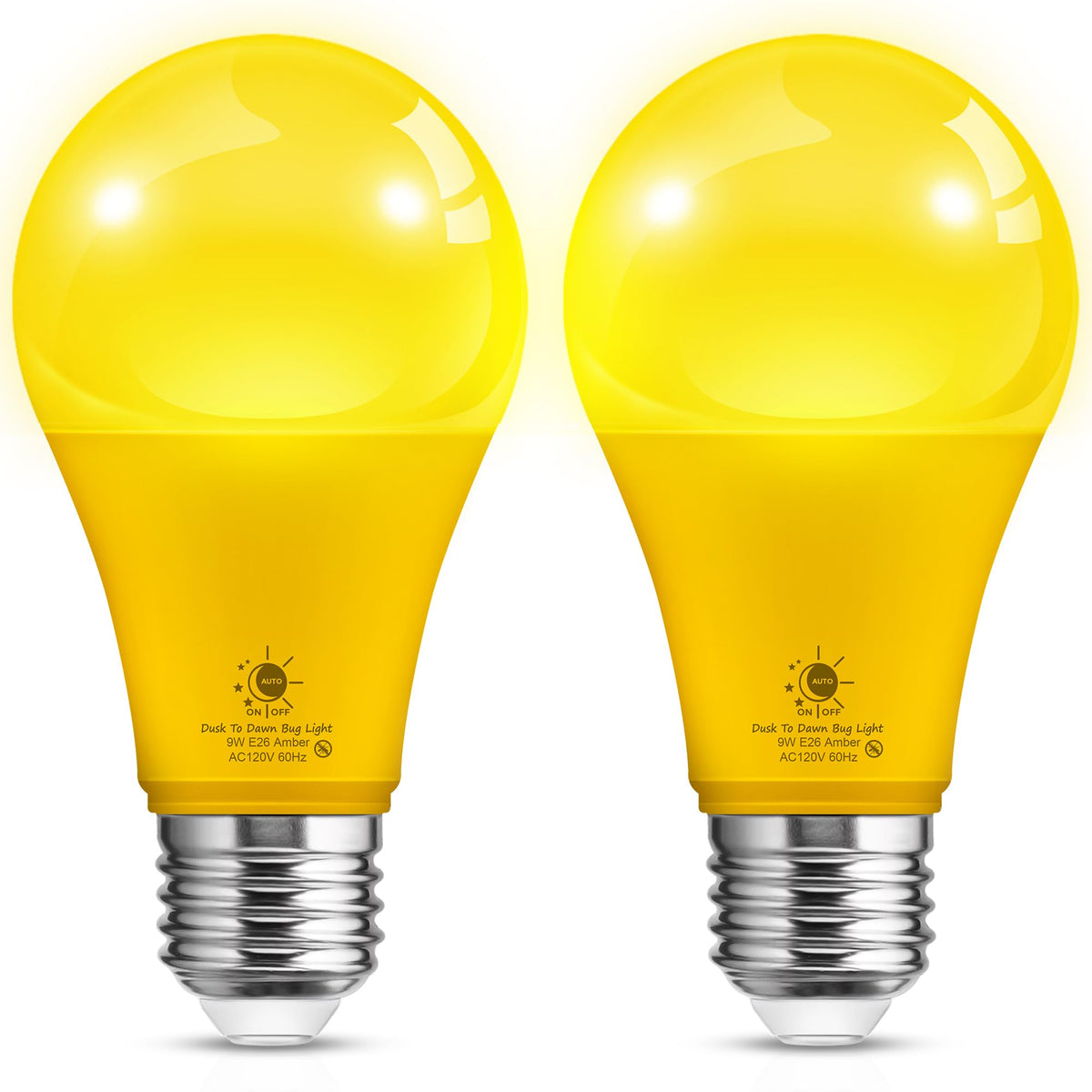 Lohas Dusk To Dawn Bug Light Bulb Outdoor, A19 Yellow Led Bug Light Bulbs, 9W Auto On/Off Bug Lights For Outside, 2000K Amber Po