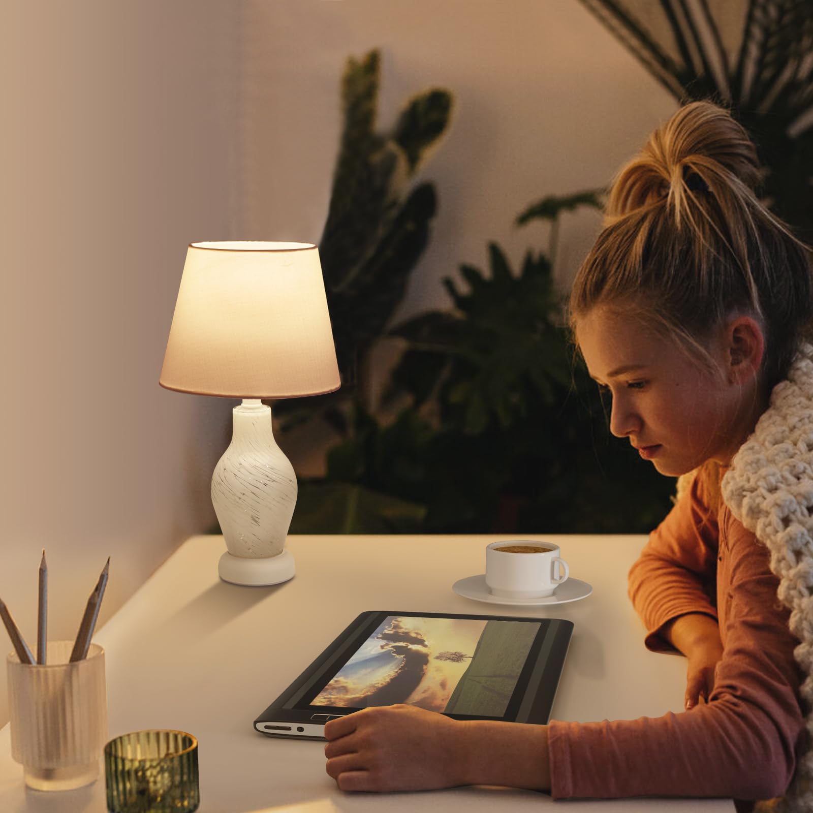 ONEWISH Modern Table Lamp, 14in White, Fabric, Includes 3000K Bulb, Small Bedside Nightstand Lamp, Model 13TAB079