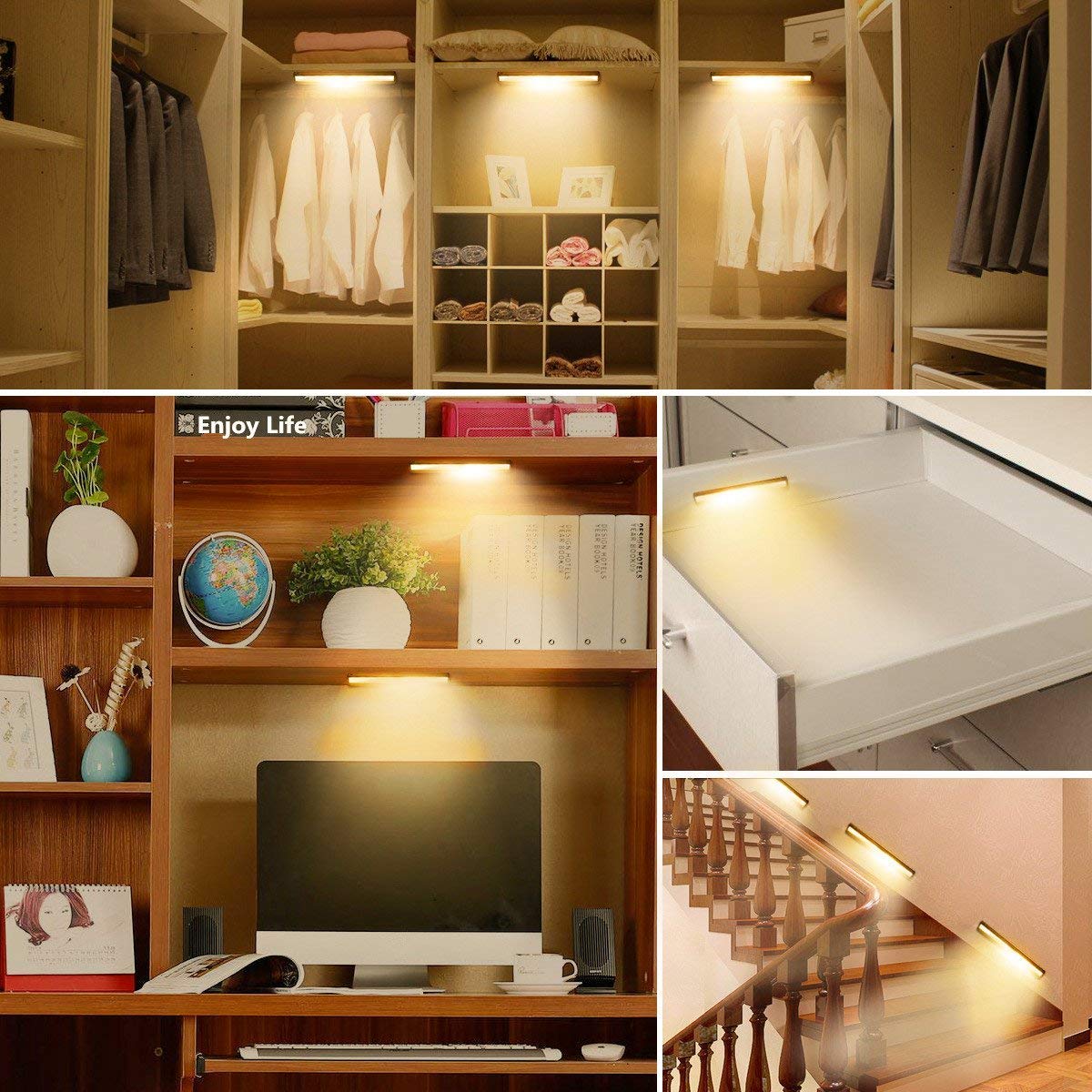 Lepotec Stick On Cabinet Light, 10 Led Motion Sensor Under Counter Light, Usb Rechargeable, Silver Warm White, Model W20Led-3, 2 Pack