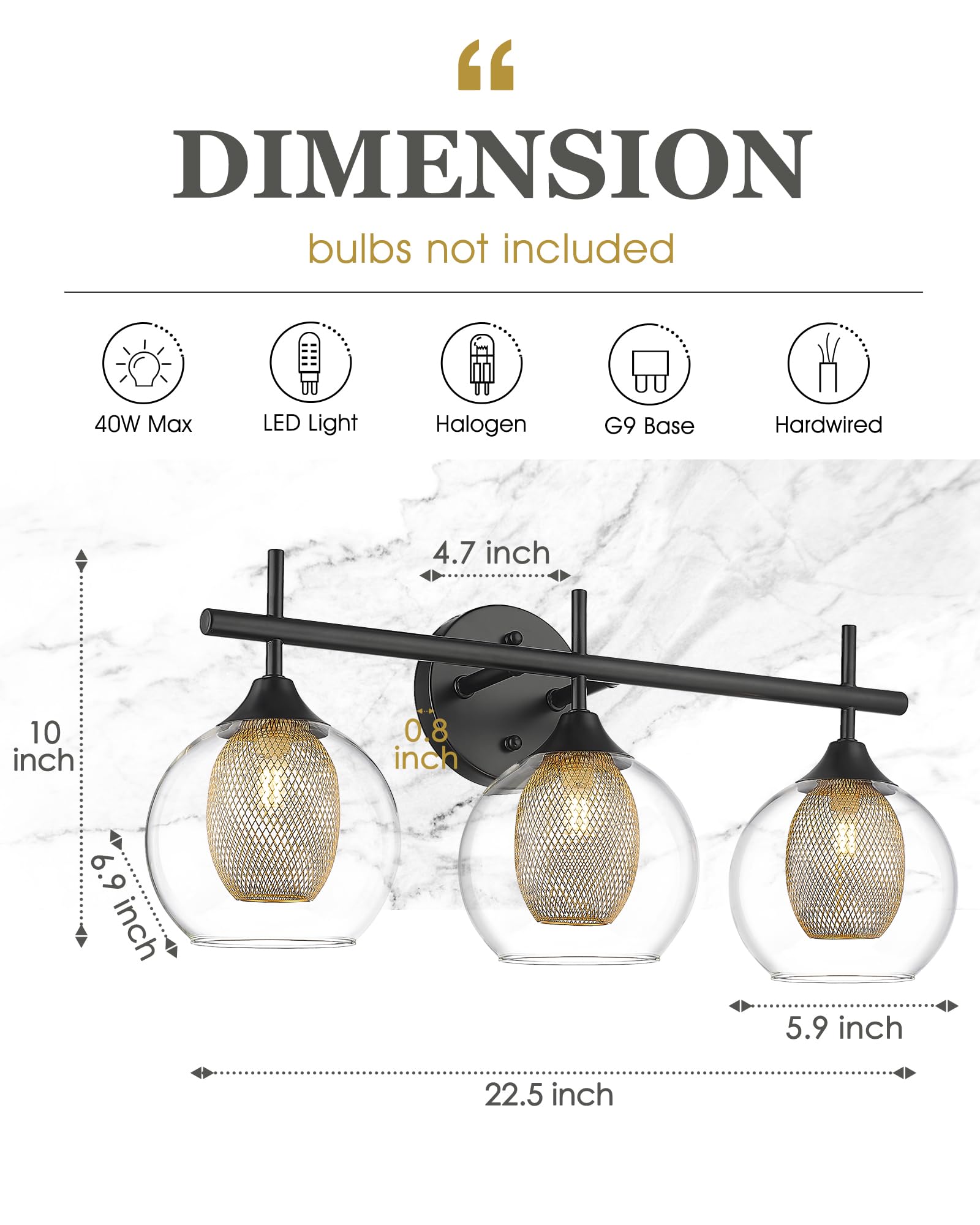 Audickic 3-Light Black and Gold Bathroom Vanity Light Fixture, Metal Wall Sconce with Clear Glass Shade, Model AD-22001-3W-BK