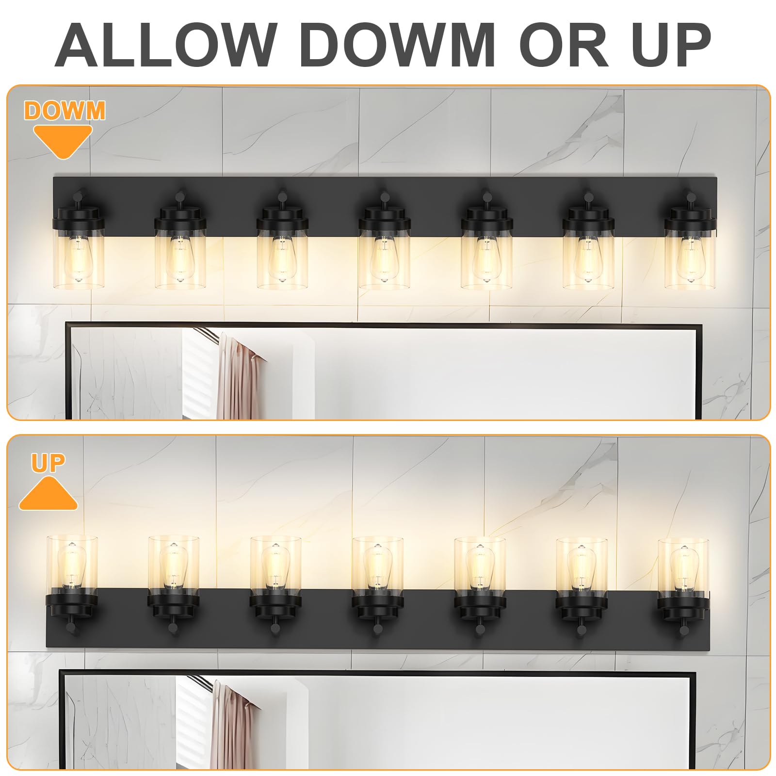 Izorro Bathroom Vanity Light Fixture  7-Light 51 Inch Matte Black Bathroom Light Fixtures Over Mirror  With Clear Glass Shade  Modern Farmhouse Vanity Lights  Rustic Restroom Lighting Fixtures