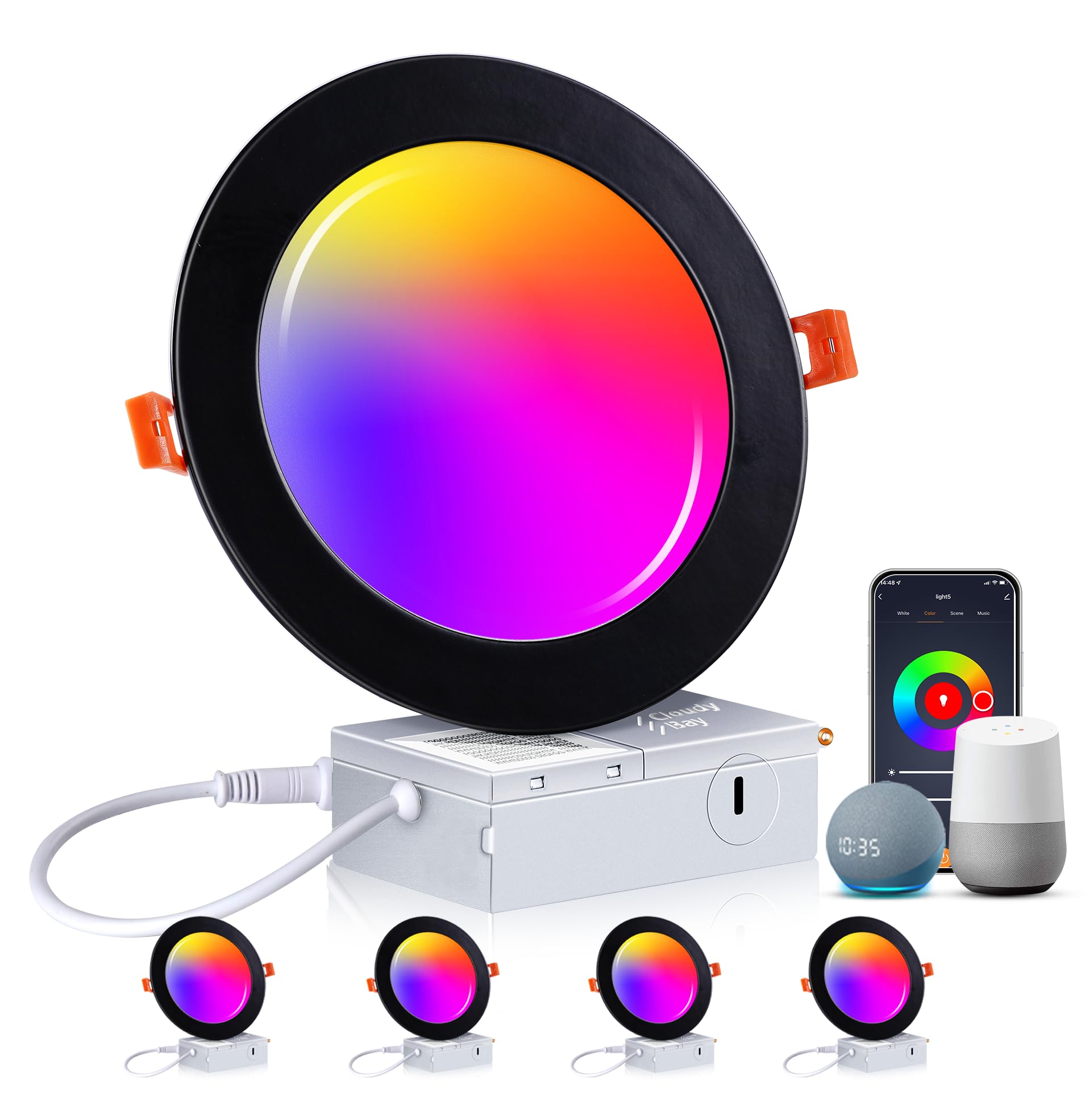 CLOUDY BAY 6 Inch Smart WiFi LED Recessed Lights, 4 Pack, RGBCW Color Changing, Black, Aluminum, Compatible with Alexa and Google Home