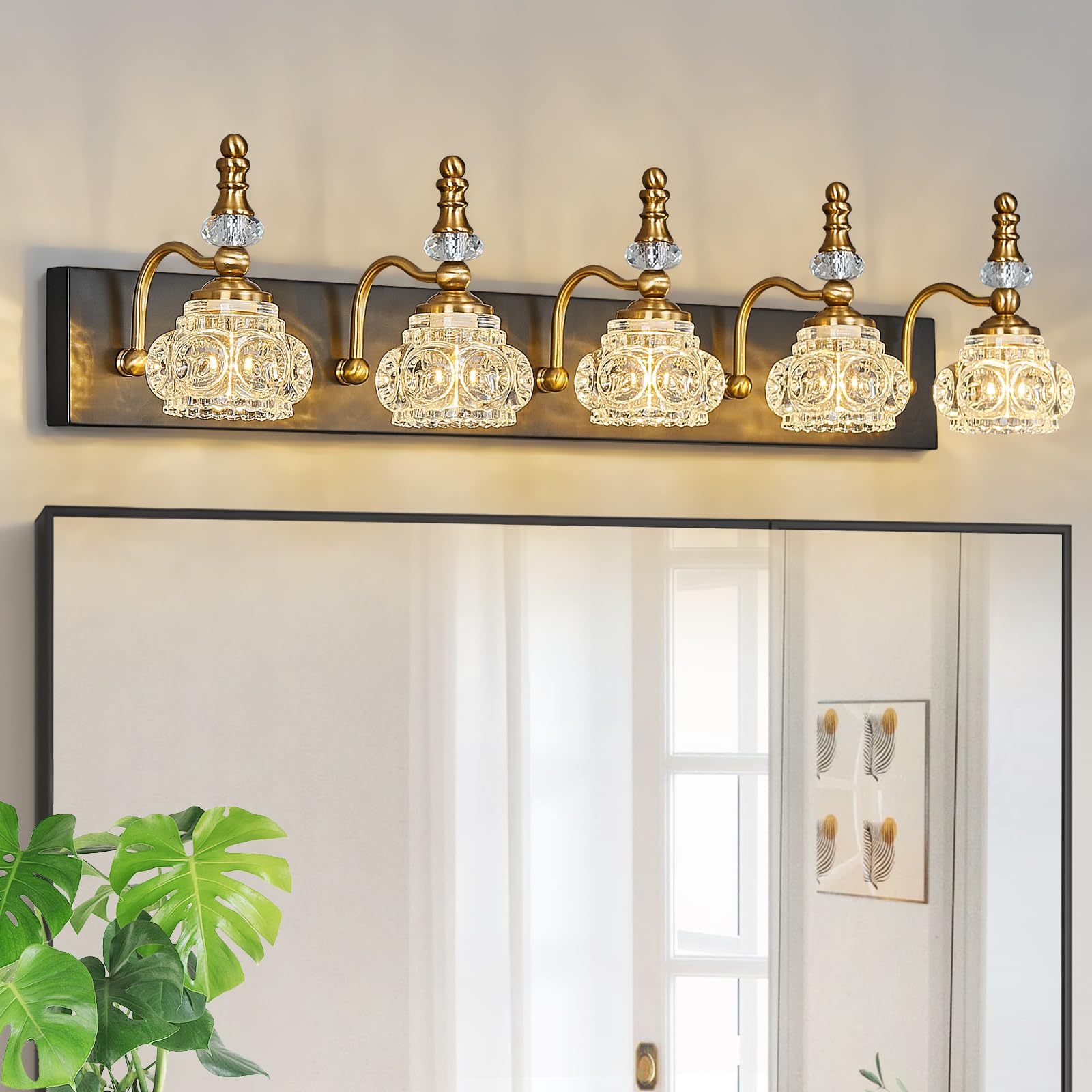 Lbsqj Modern Glass Crystal Vanity Light - Vintage Bathroom Lighting Fixtures Over Mirror  5 Light Vanity Lights G9 Bulb (35.43 Inch  Black Gold)