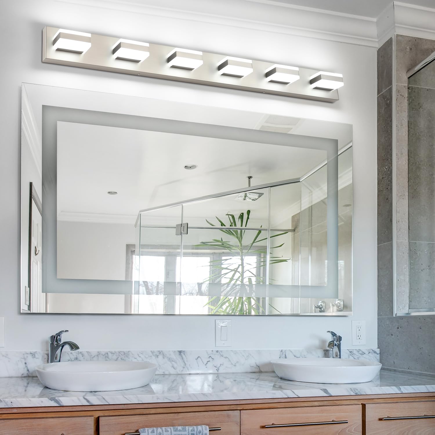SOLFART LED Bathroom Vanity Light Fixture, 6 Light, Brushed Nickel, 45.3 inch, Model S8568-6T-6000K-Nickel, Modern Design