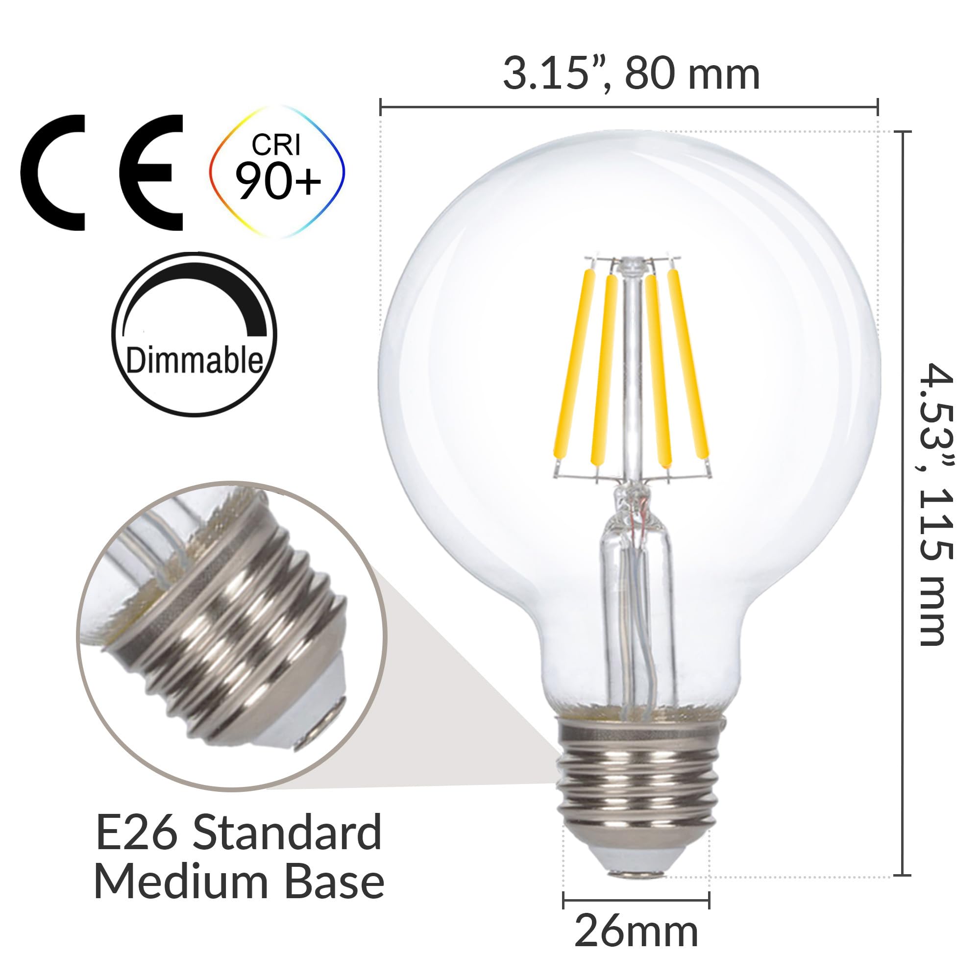 Simba Lighting LED Edison Vintage G25 Light Bulbs, 6W Dimmable, 4000K Natural White, 6 Pack, Medium E26 Base, Glass