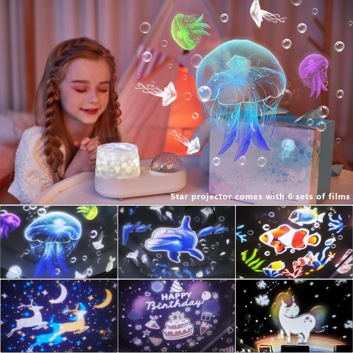 Ocean Wave & Light Projector - 10 Colors, 6 Film Sets, Timer & 360 Rotation For Kids & Girls, Room Decor