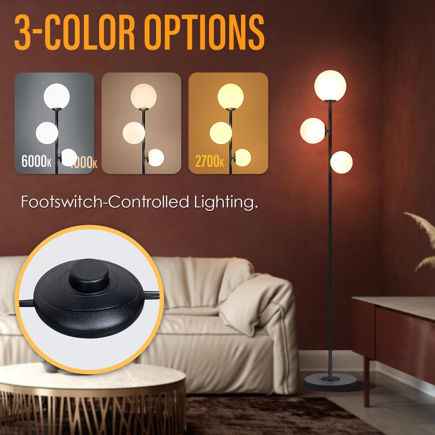 3 Globe Vintage Floor Lamp - 3 Color Options Moderm Floor Lamps For Living Room, Mid Century Standing Lamp Home Decor For Bedroo