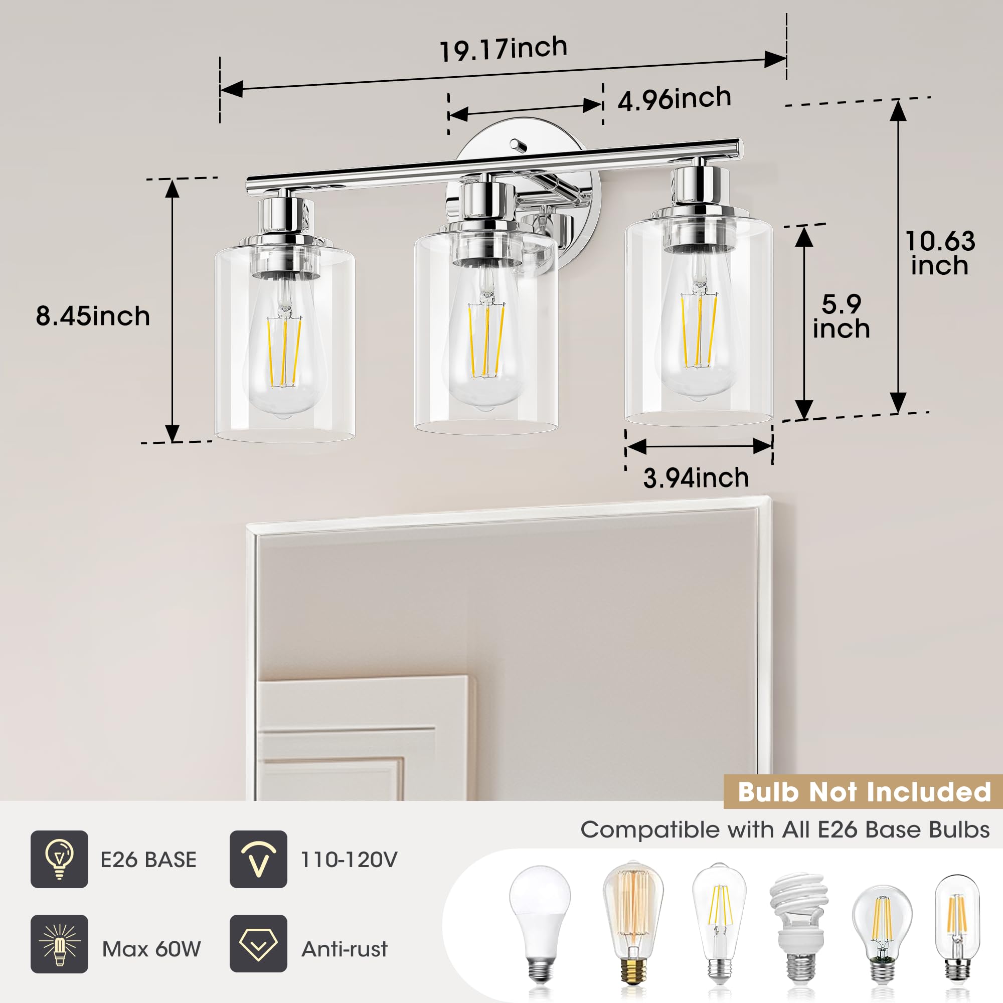 Weyderk Chrome Bathroom Vanity Light - 3 Light Bathroom Light Fixture With Clear Glass Shades, Ul Certification & E26 Base, Chrome Bathroom Vanity Lights Over Mirror For Bathroom
