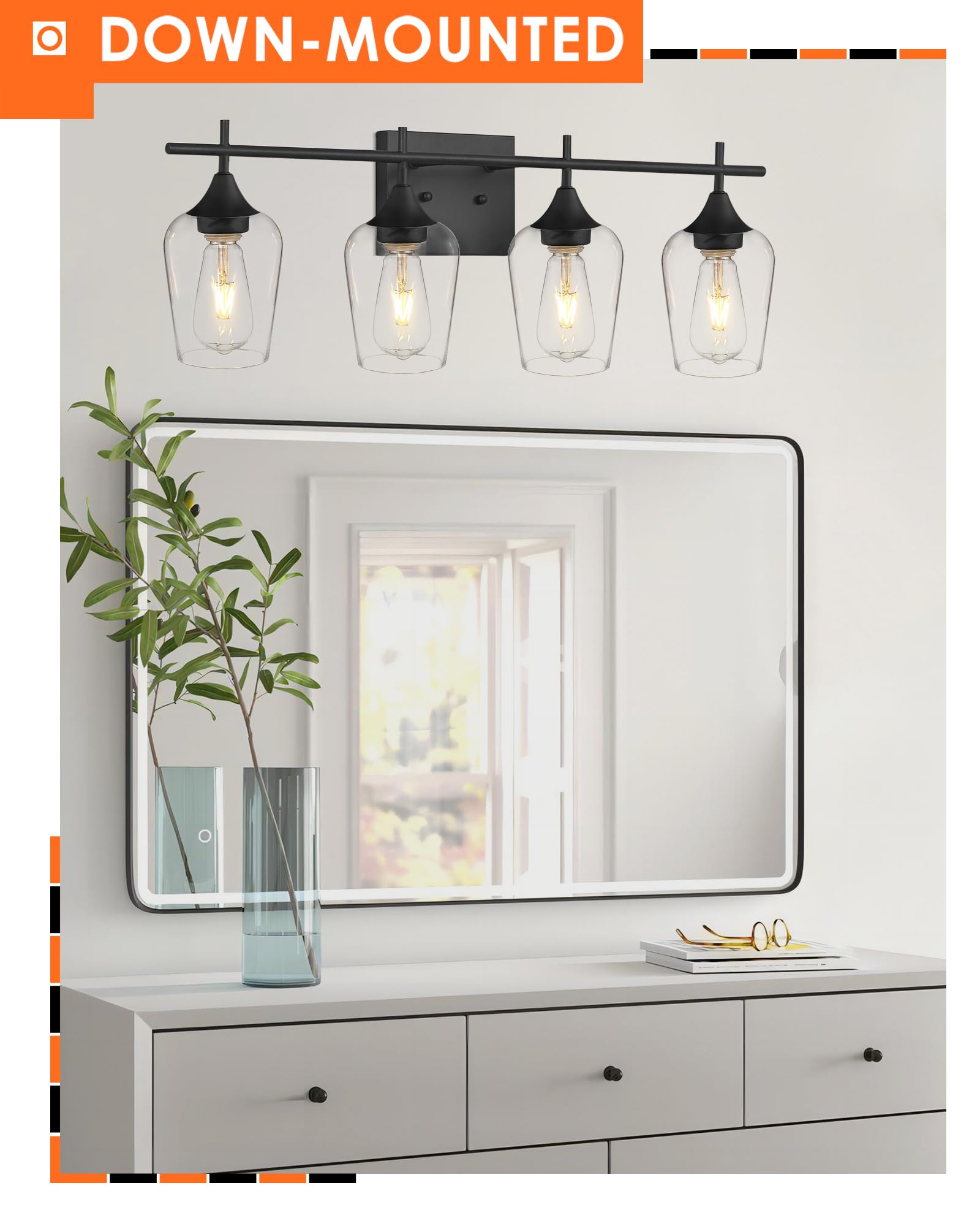 Osimir 4-Light Bathroom Vanity Light, Black Modern Wall Sconce with Clear Glass, 24 Inch, Model WL9167-4B