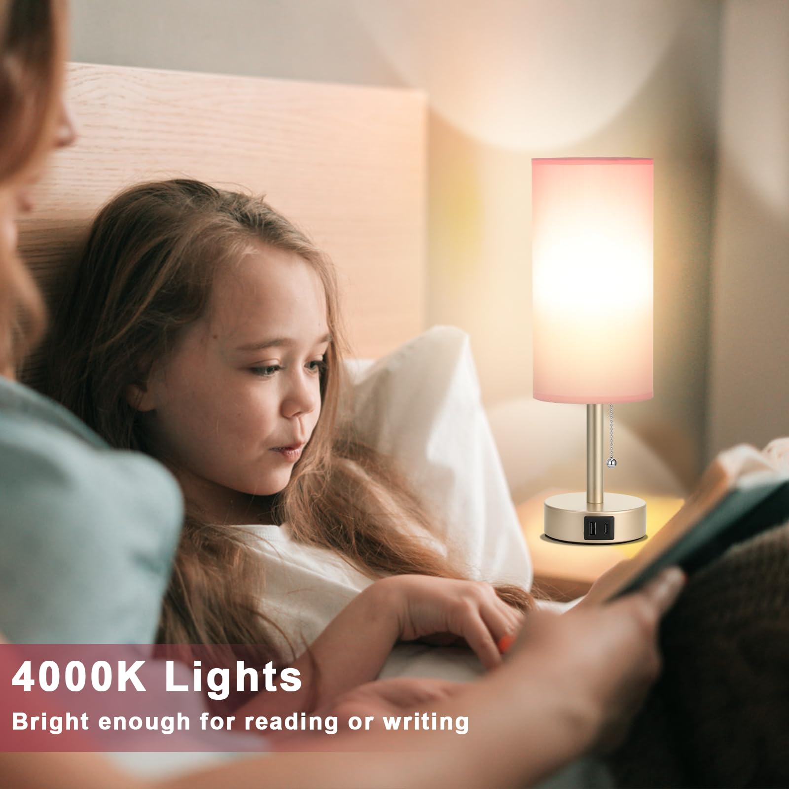 Small Table Lamp For Bedrooms - Bedside Lamps For Nightstands, Minimalist Night Stand Light With Round Fabric Shade, Desk Readin