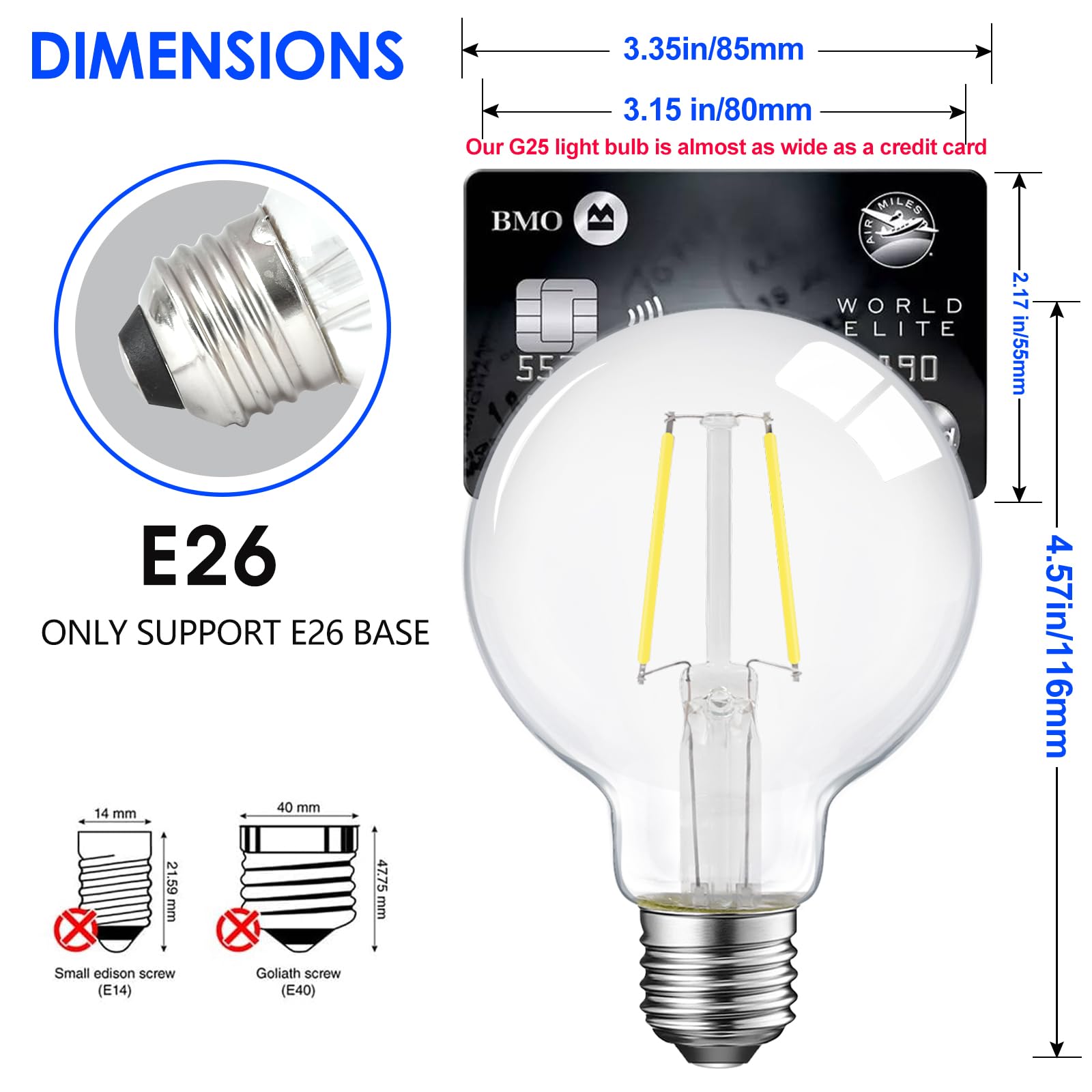 E Energetic Lighting Led Edison Light Bulb, 5W Dimmable, G25 Globe Shape, Clear Glass, 60W Equivalent, 5000K Daylight, 500Lm, G8